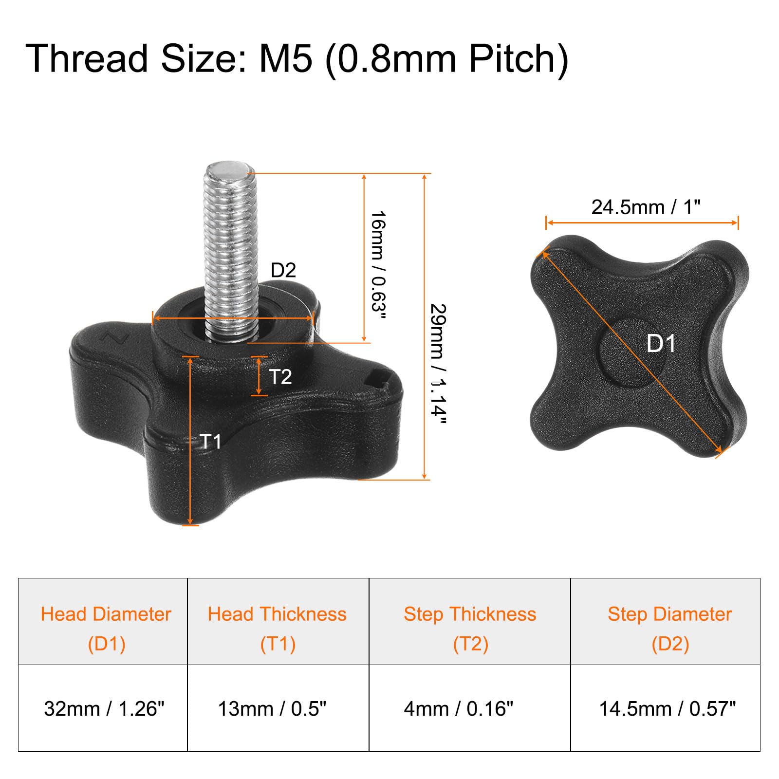 HARFINGTON 2pcs Star Clamping Knobs M5 x 16mm Metric Male Thread 32mm 4-Point Plastic Head Threaded Stud Knob Hand Tightening Thumb Screw Jig Handle, Black