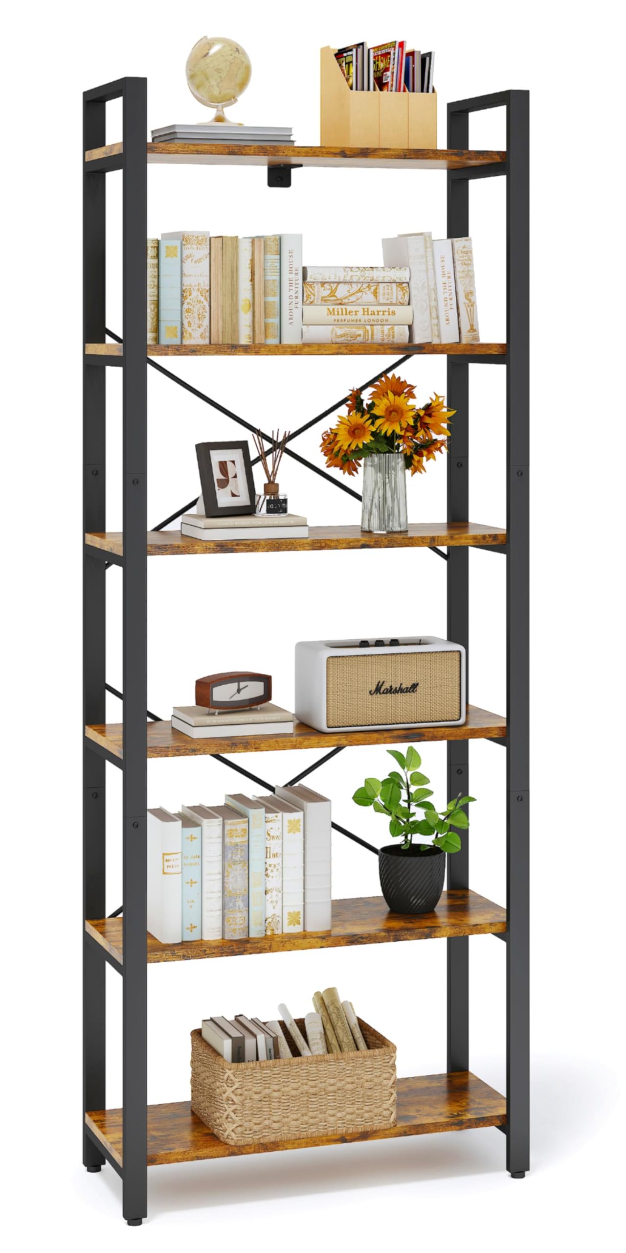 IRONCK 2M Bücherregal, Standregal mit 6 Ebenen, Regal Holz mit Metallrahmen, Büroregal Industriel, offene Ablagen, Bookshelf für Büro, Wohnzimmer, Schlafzimmer, Küche (Vintagebraun Schwarz)