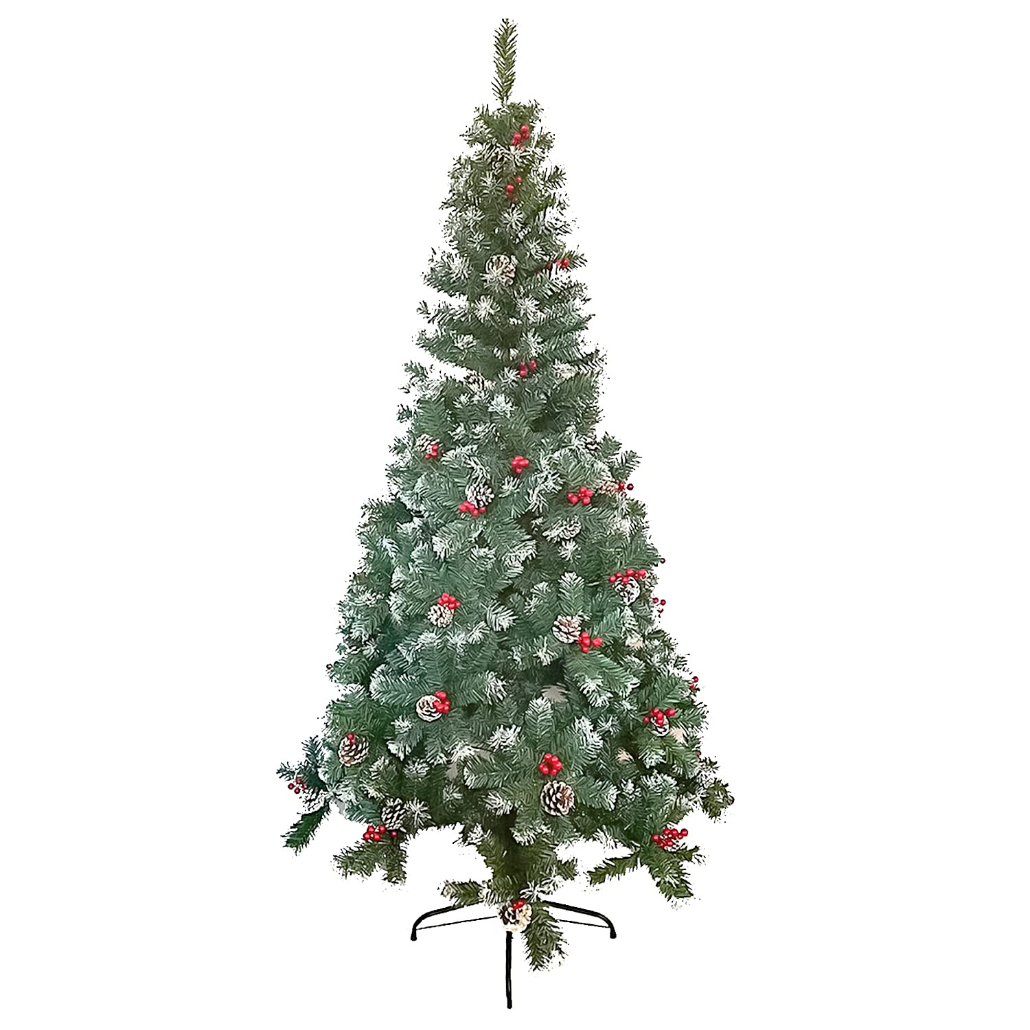 TIENDA EURASIA - Arbol de Navidad Nevado con Adornos de Muerdago y Piñas, Decoracion Navideña Original con Arbol de Navidad Verde con Nieve, Muerdago y Piñas, Arbol de Plastico (180 cm)
