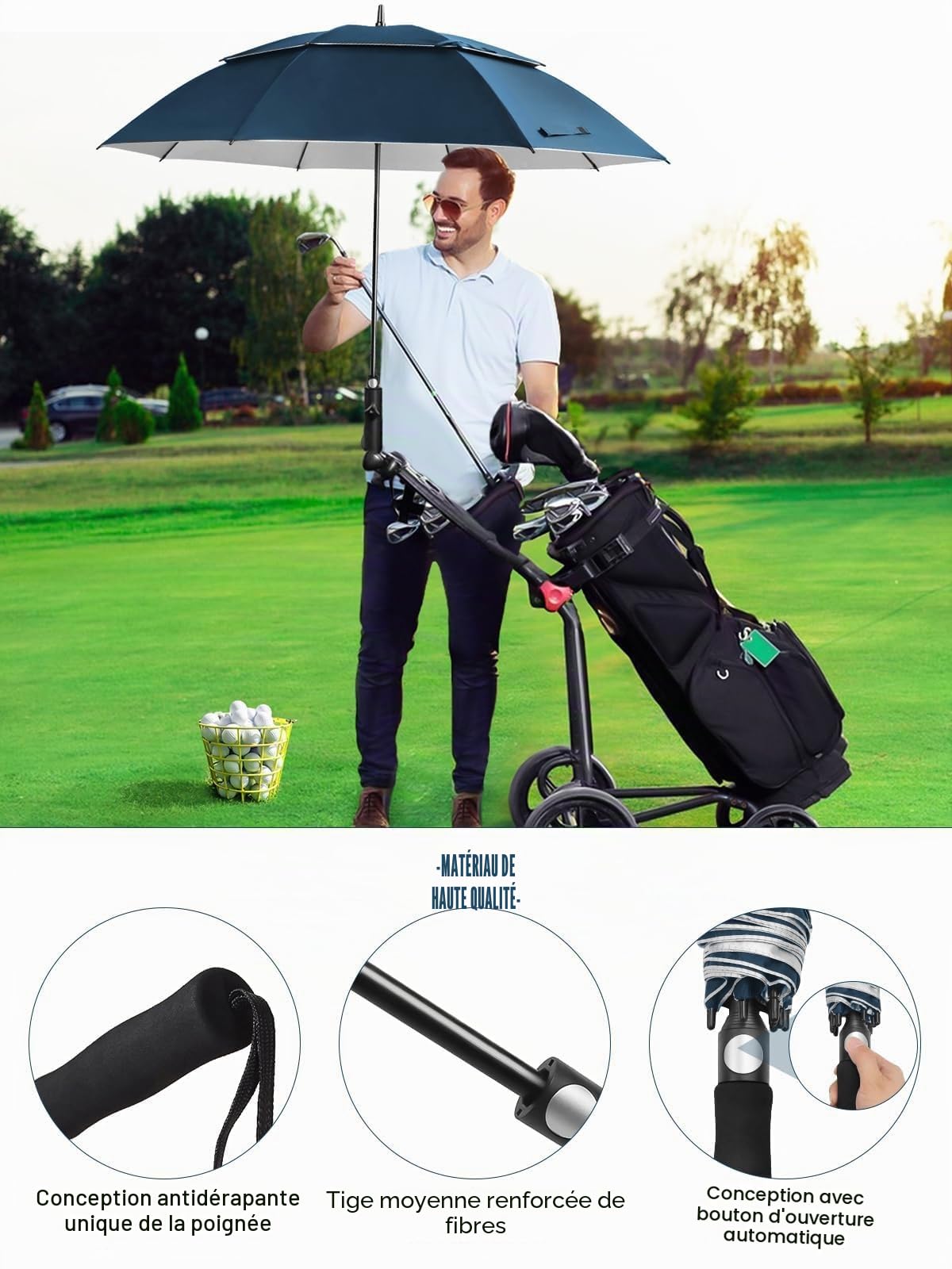 Kalolary 62 pouces Grand Parapluie de Golf avec Protection UV UPF 50+, Parapluie Automatique à Double Couche Ventilée et Résistant Au vent, Parapluie Extra Large pour Homme Femme (