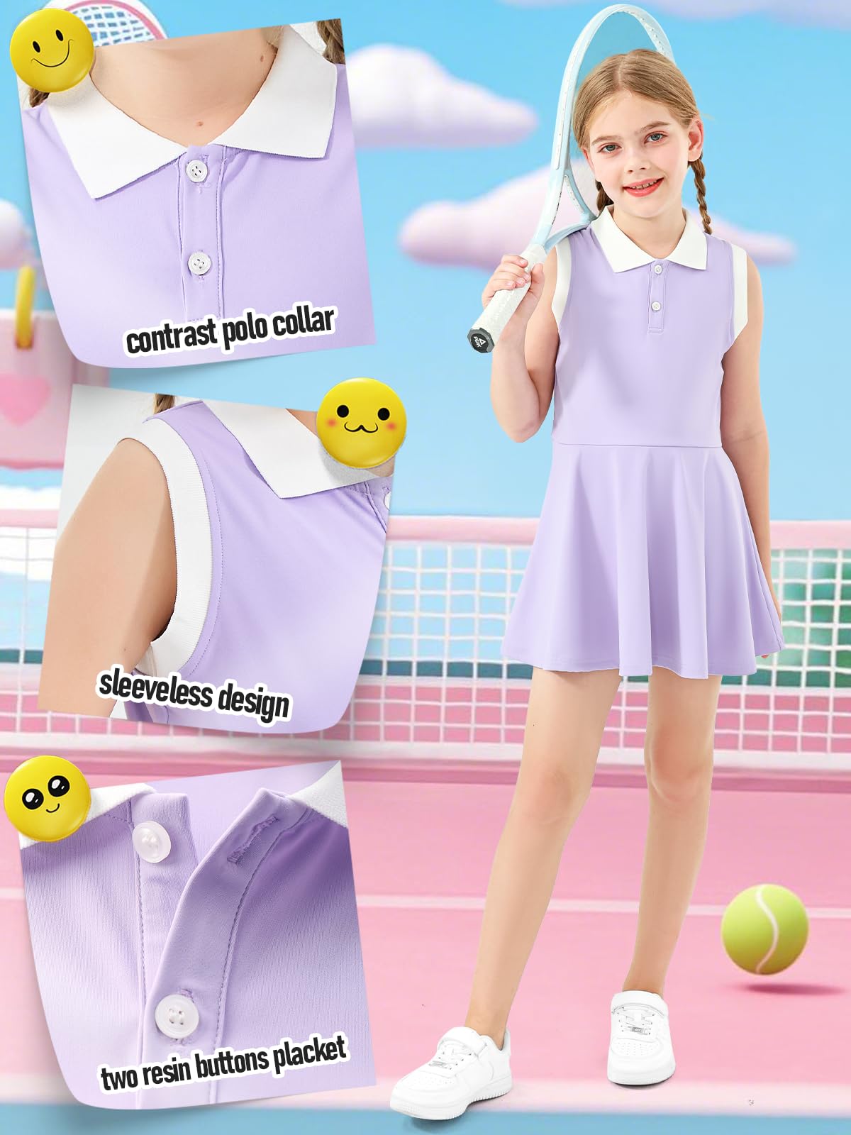 Vestido de Tenis para Niña con Pantalón Corto Polo Athletic Dress Sin Mangas Vestidos Deportivos con Bolsillos Ropa Golf Deporte Casual