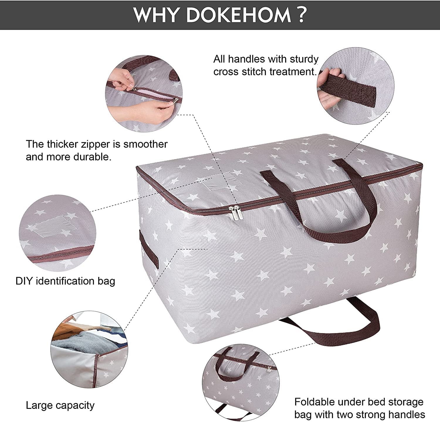 DOKEHOM 3 Piezas 105L Bolsa de Almacenamiento Grande, Bolsa de Tela para Ropa, tamaño Ultra Grueso bajo la Cama, a Prueba de Humedad (Gris)