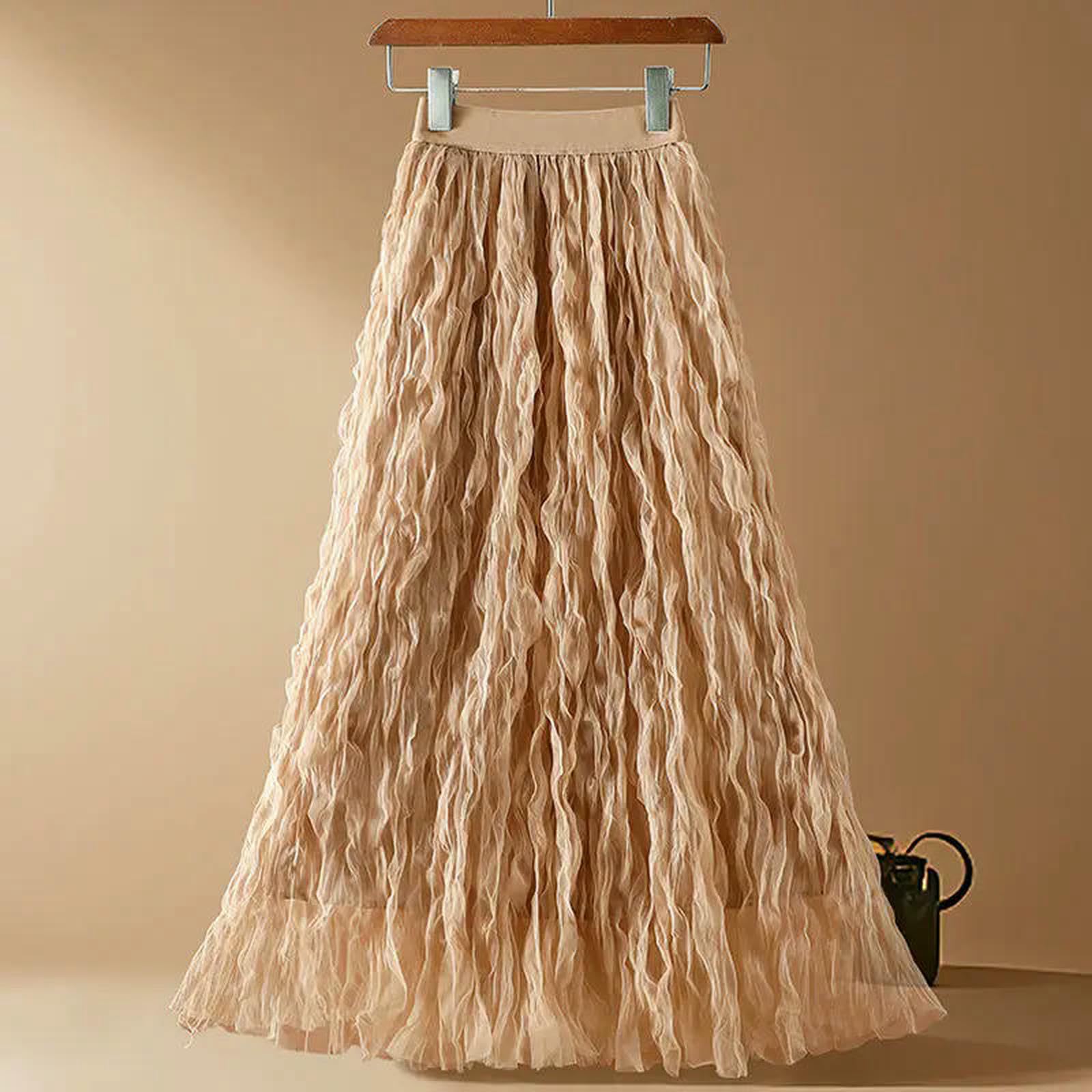 Gonna Lunga Leggere Moda Piegata Maglia per Le Donne in Estate Alta Vita Sottile A Media Lunghezza Versatile Linea-White-m