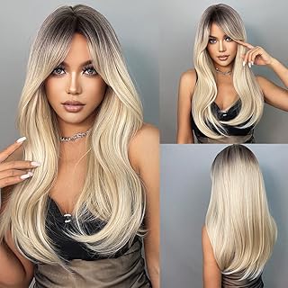 HAIRCUBE Ombre Light Blonde Wigs for Women,Long Straight Wigs with Bangs Heat Resistant Fiber Synthetic Wigs