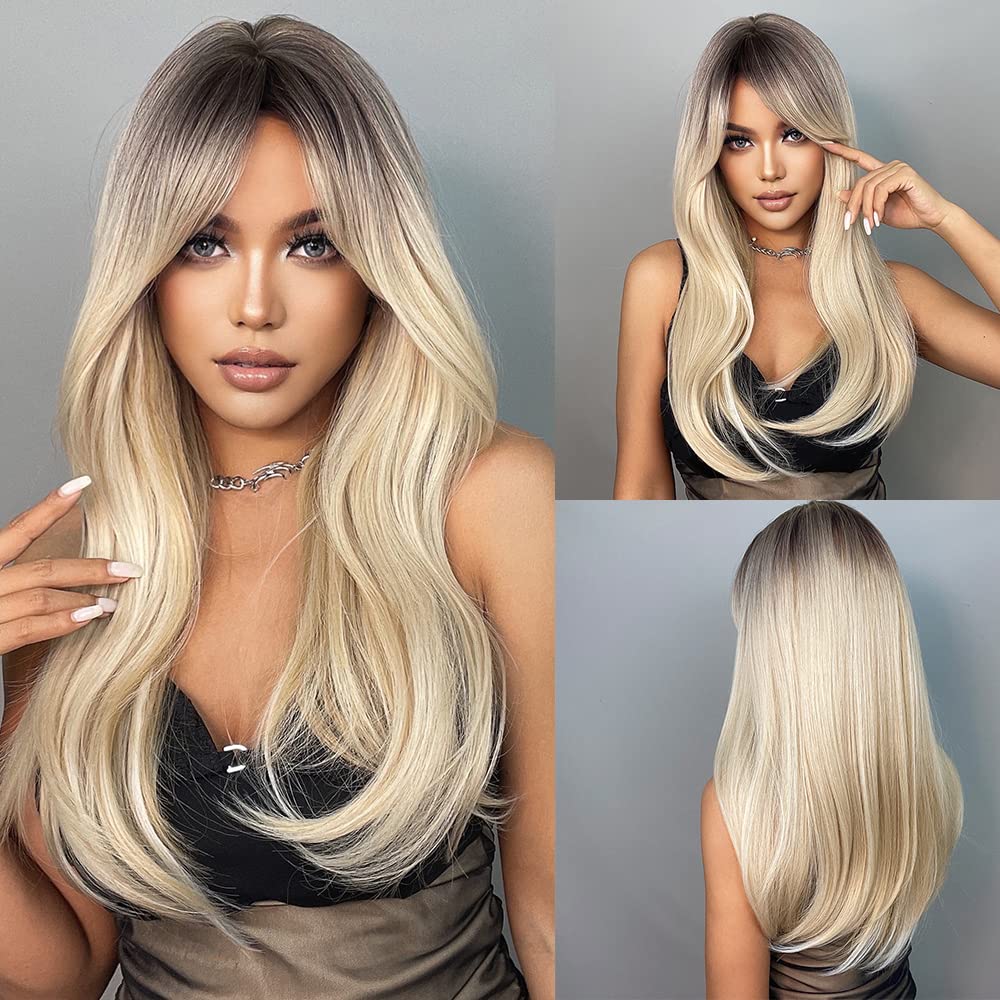 HAIRCUBE Ombre Light Blonde Wigs for Women,Long Straight Wigs with Bangs Heat Resistant Fiber Synthetic Wigs HAIRCUBE Ombre Light Blonde Wigs for Women,Long Straight Wigs with Bangs Heat Resistant Fiber Synthetic Wigs