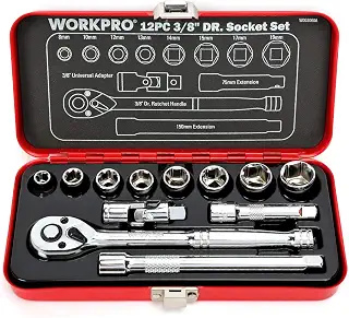WORKPRO ソケットレンチセット ガレージツールセット ラチェットレンチ 差込角9.5mm（3/8インチ） クイックリリースラチェットハンドル 工具 道具 セット 12点組【鉄製ケース付属】