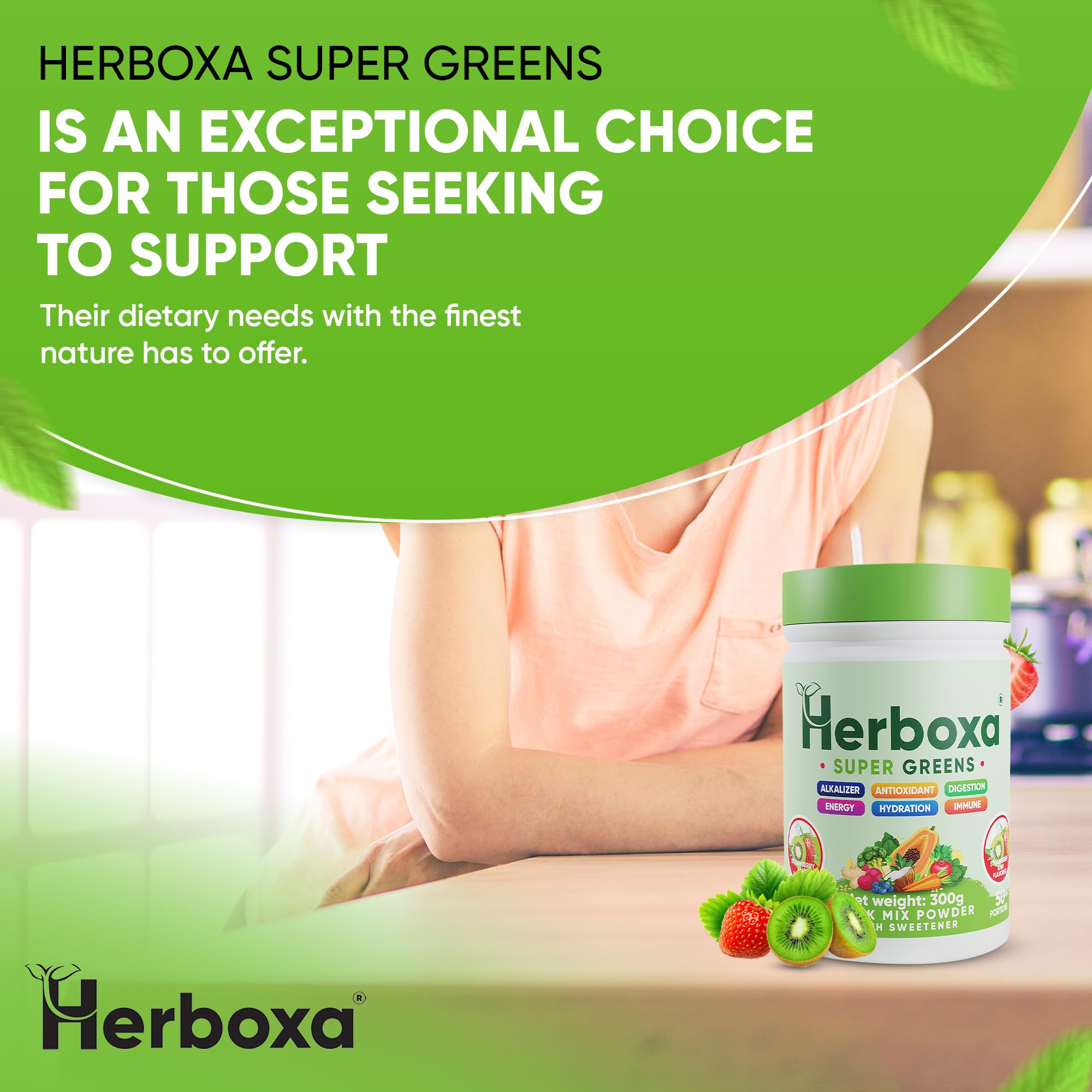 Herboxa SUPER GREENS Integratore Verde 50 Porzioni Fibra Probiotici Enzimi Digestivi Radice di Cicoria Zinco Cromo Gusto Fragola Kiwi Naturale Senza Zuccheri