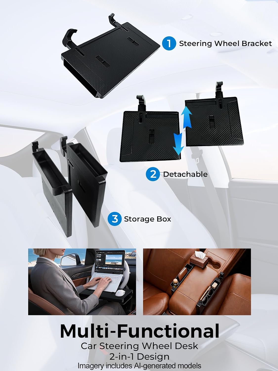 Car Steering Wheel Tray Desk & Seat Gap Filler Organizer-Black | 2 in 1 Foldable Laptop Holder Table for Eating Writing Work Road Trip, Carbon Fiber, Adjusting Angle, Fits Vehicle Truck SUV