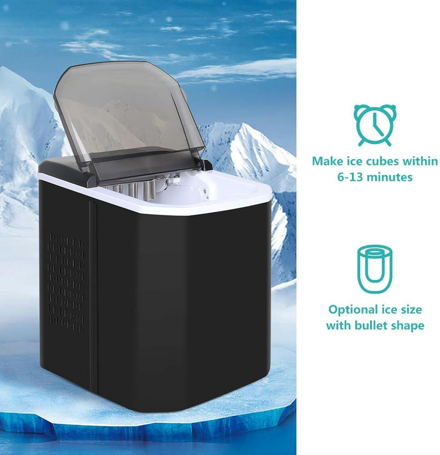 Ice Cube Maker for Home Kitchen, Portable Counter Top Small Ice Cube Machine, Electric Silent Ice Maker Machine with Scoop & Removable Basket, Easy Op-1pc