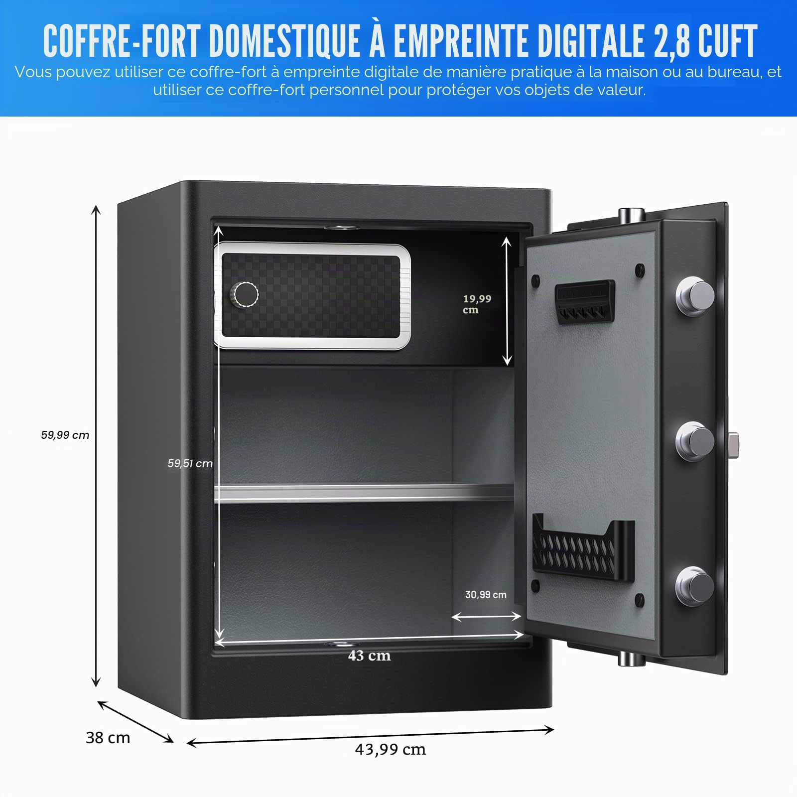 RPNB Deluxe Coffre-fort domestique et casier, coffre-fort de sécurité biométrique à empreintes digitales avec affichage tactile et synthèse vocale, double alerte, coffre-fort de sécurité noir pour la
