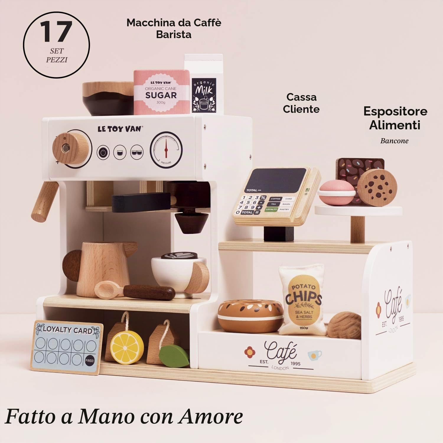 Petit Jour - Macchina da caffè Barista in legno FSC, set da gioco per bambini 3+, 40,7 x 15 x 31,5 cm, con accessori per caffè shop, cassa e golosità
