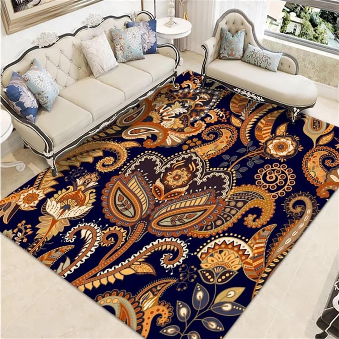 Tapis déco maison lavable bleu 160x200 cm au style rétro classique unique