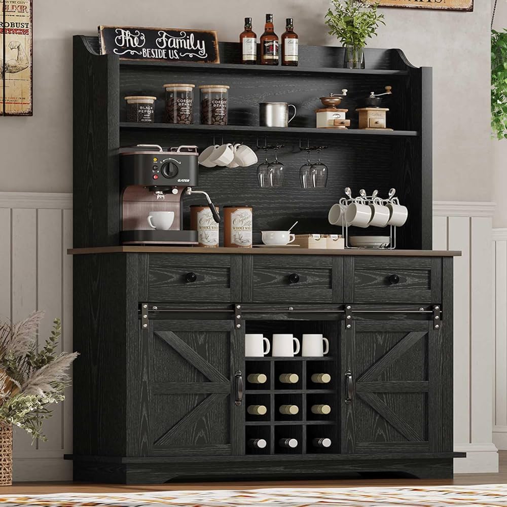 Coffee Hutch Cabinet 47" Farmhouse Coffee Bar With 3-Tier Storage, Kitchen Hutch Coffee Hutch Cabinet With Storage