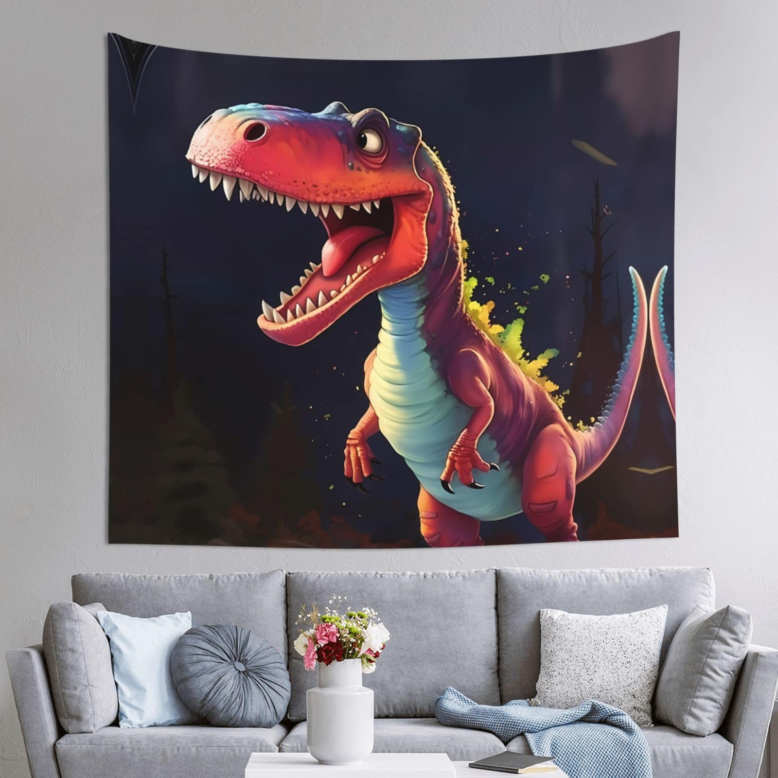 HLSBSSL 60x51in big-mouthed dinosaur Printed Tapestry Tablecloth for Dormitory and Picnic Rooms - Multifunctional Fabric Hanging
