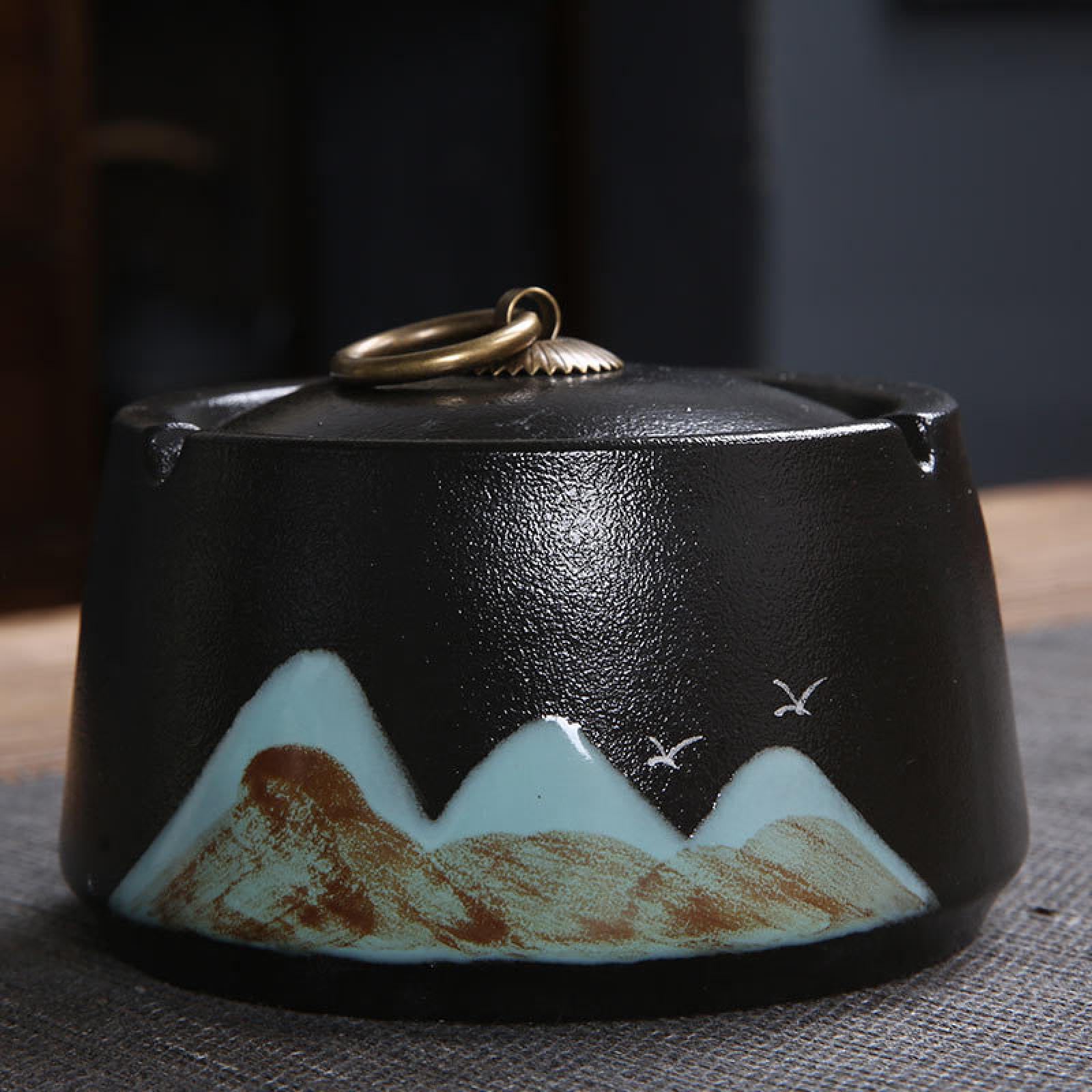 Cendrier avec couvercle créatif en poterie fine bleue de 11.5 cm