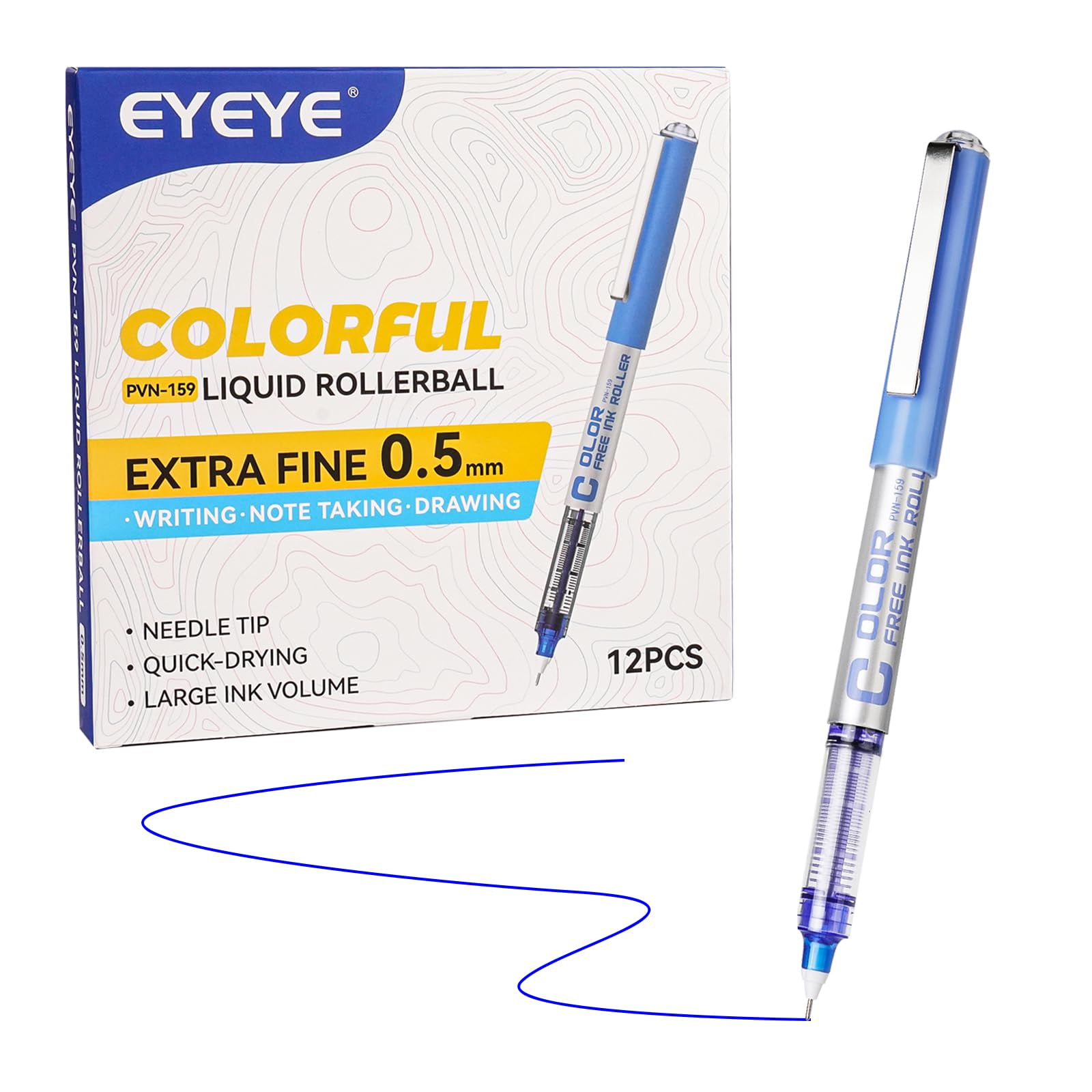 EYEYE 0.5mm Blue Pens Needle Tip, 12 Pack Rollerball Pen Extra Fine Point Quick Dry, Blue Liquid Ink Pens Fine Point Smooth Writing Pen for Journaling, Note Taking, School, Office Supplies