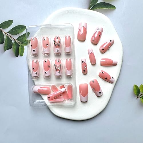 Miniatura 3 de Uñas postizas cuadradas medianas con punta francesa, uñas acrílicas de cobertura completa con diseños de dijes de mariposa de metal 3D, puntas de