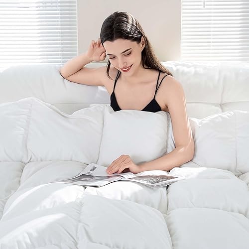 Vista 32 de ELNIDO QUEEN Edredón de plumas tamaño King, relleno de plumas y fibra de plumón, lujoso edredón blanco esponjoso estilo hotel, relleno de edredón