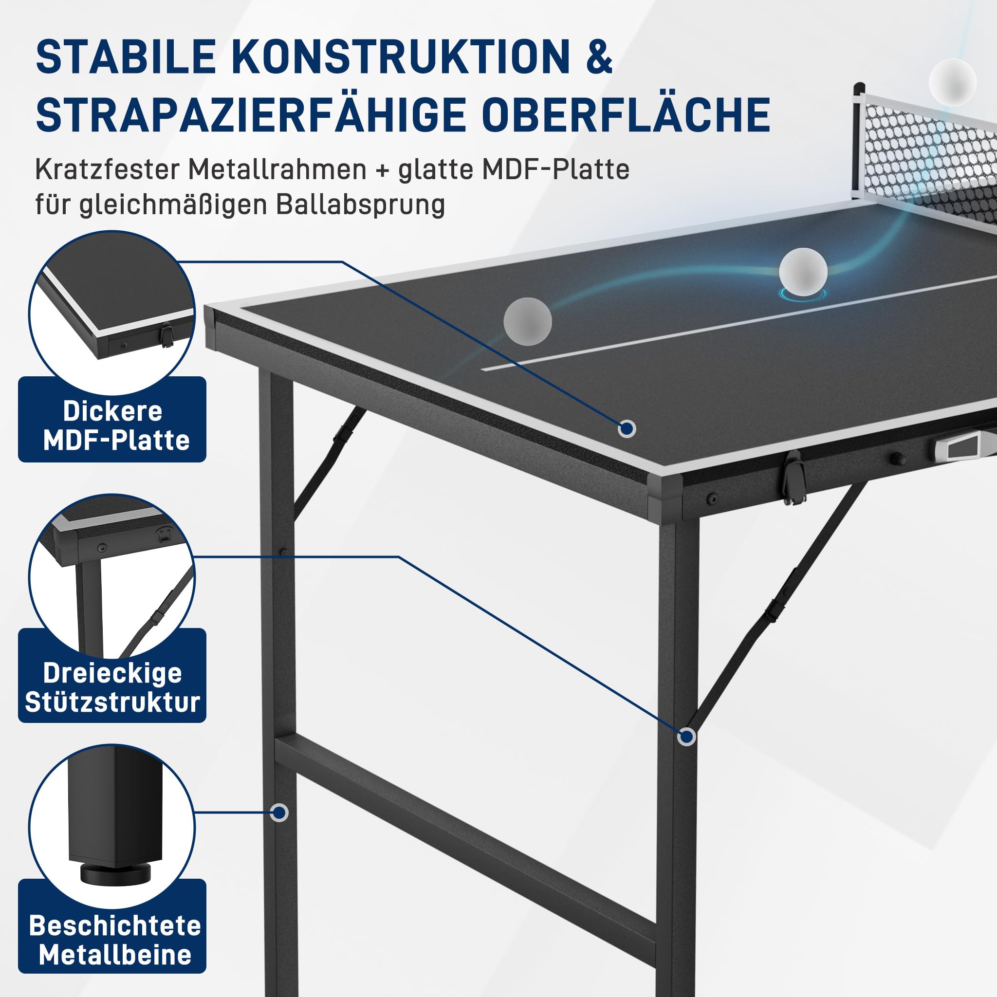 NAIZY Mini tavolo da ping pong pieghevole, 152,5 x 76 cm, per casa e interni | Tavolo da ping pong per esterni, pieghevole, nero/blu, set con palline da ping pong e rete da mountain bike