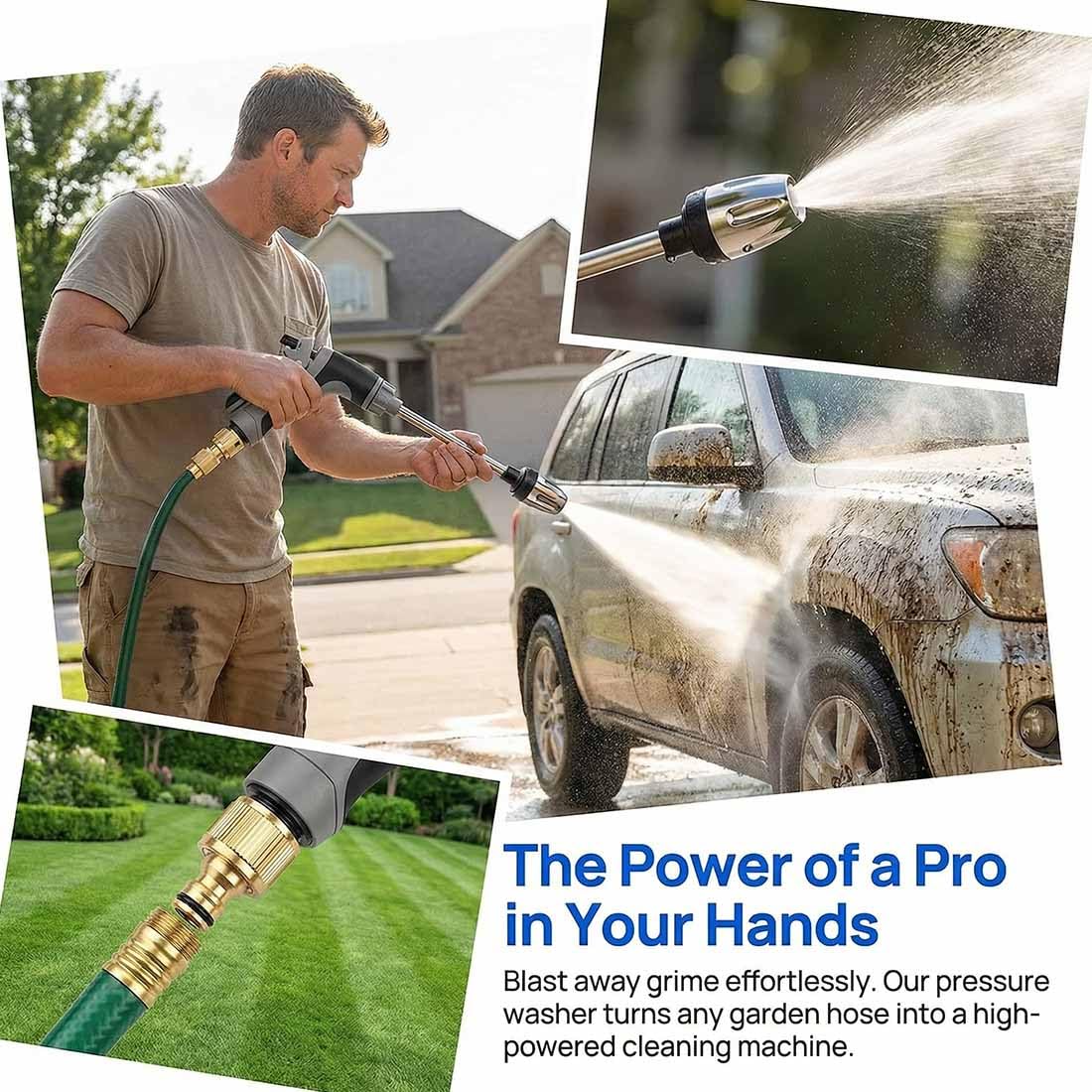 Idropulitrice, pistola ad acqua ad alta pressione, spruzzatore regolabile, pulitore in acciaio inox per lavaggio auto, patio, vialetto e terrazze, strumento di pulizia efficiente