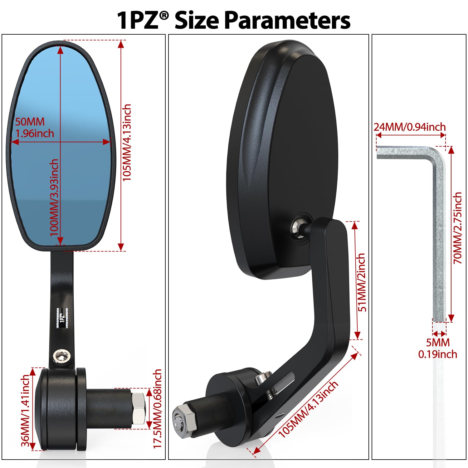 1PZ F26-7M8 Rétroviseur Universel Moto CNC Anti-éblouissant - 7/8" (22mm) pour Guidon -Verre Bleu Large Angle Mort Réduit -Compatible Scooter, Vélos électriques, VTT, UTV, Z1000 Z750, MT03 MT07 MT09