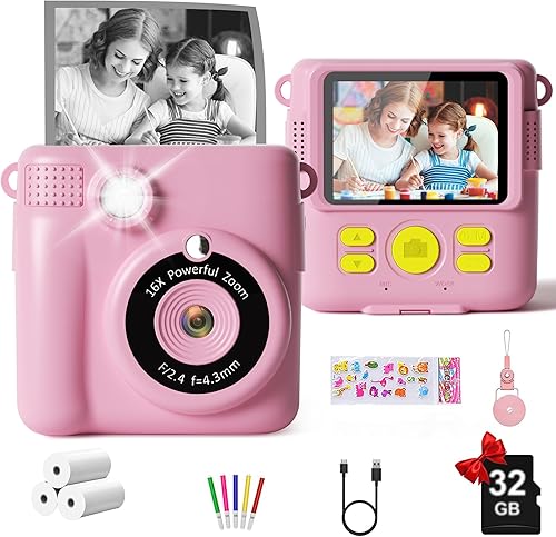 GKTZ Cámara de impresión instantánea para niños, cámara HD 1080P con selfie, tarjeta SD de 32 GB, juguete de viaje portátil, regalo perfecto de