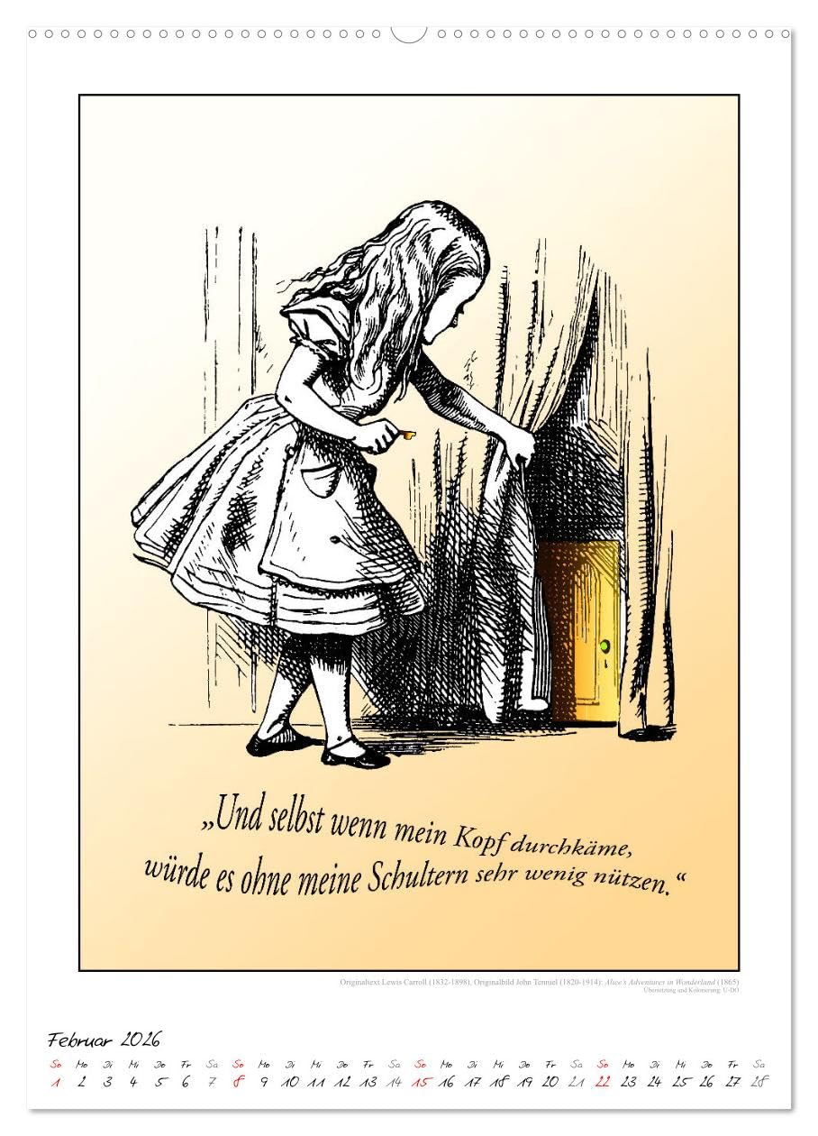 Alice im Wunderland - Weltliteraturkalender (Wandkalender 2026 DIN A2 hoch), CALVENDO Monatskalender: Weltliteratur. Klassiker der Kinderbuch-Literatur als Literaturkalender. (CALVENDO Kunst)
