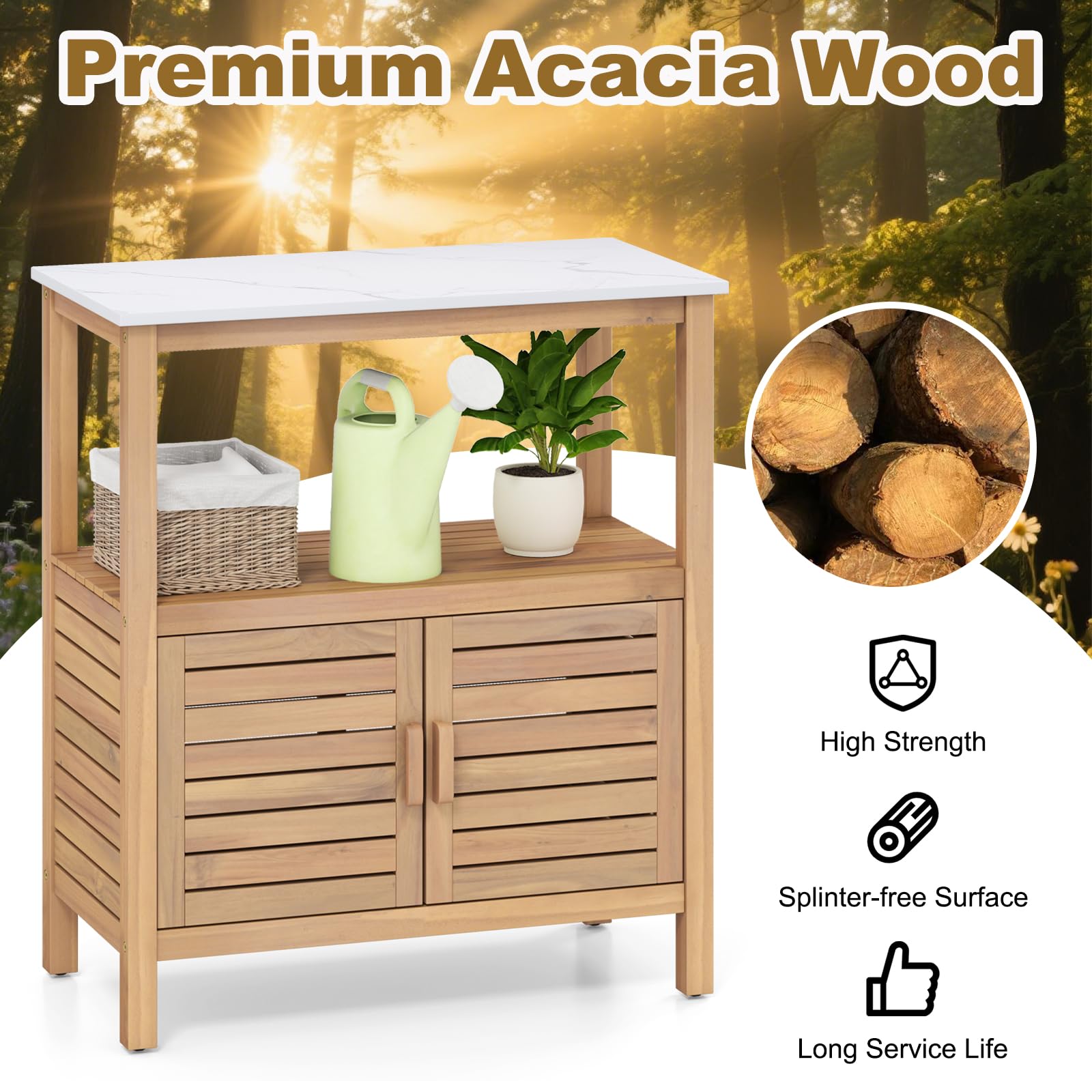 GIANTEX Gartenschrank aus Akazienholz, Outdoor Aufbewahrungsschrank mit 2 Ablagen, Beistellschrank für Balkon, Terrasse, Hinterhof, 80 x 40 x 90,5 cm