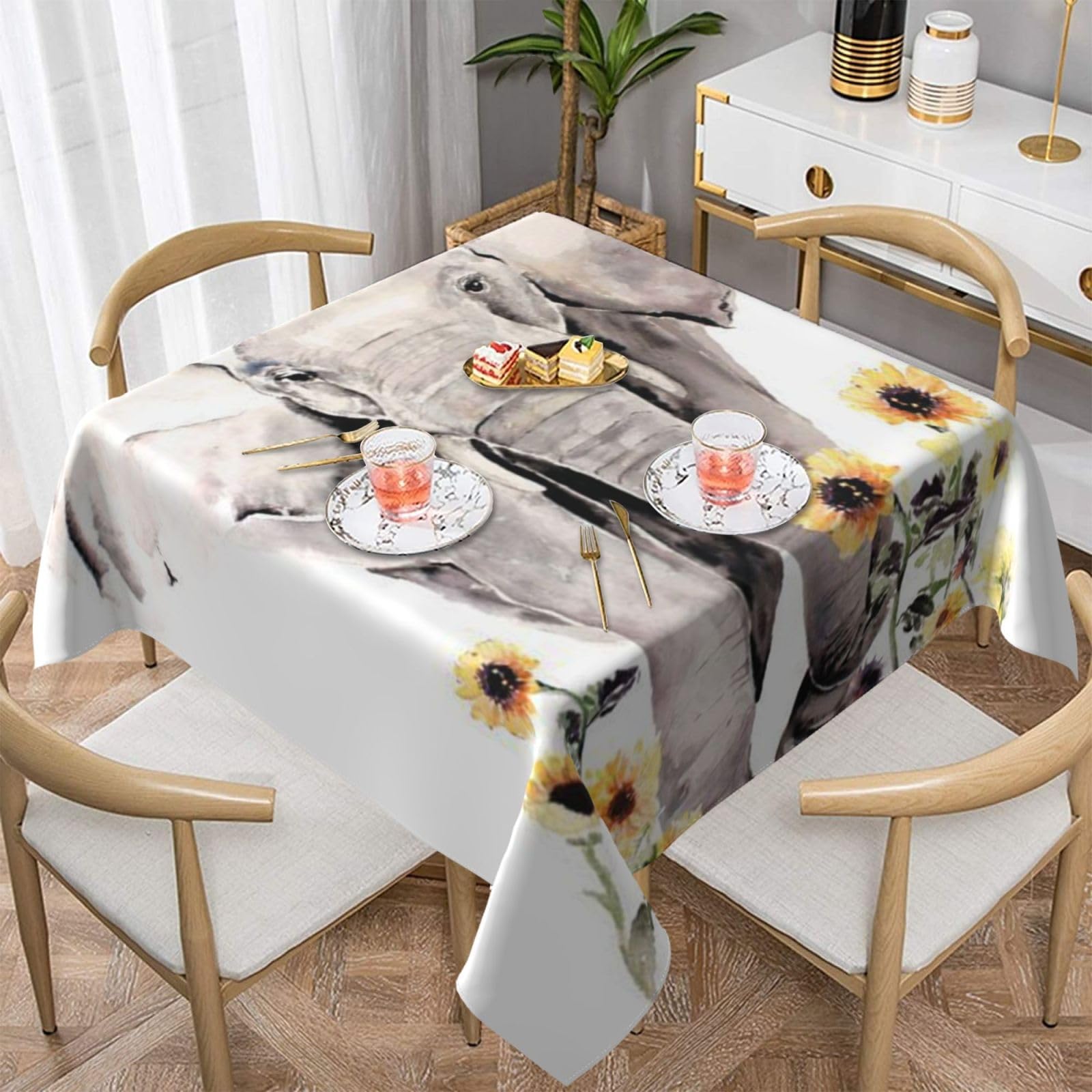 DCEHGEW Elephant and Sunflower Prints Square Tablecloth 137x137 CM, Waterproof Fabric Table Cloth for Dining Table, Farmhouse Table Cover for Kitchen Dining Tabletop Decoration