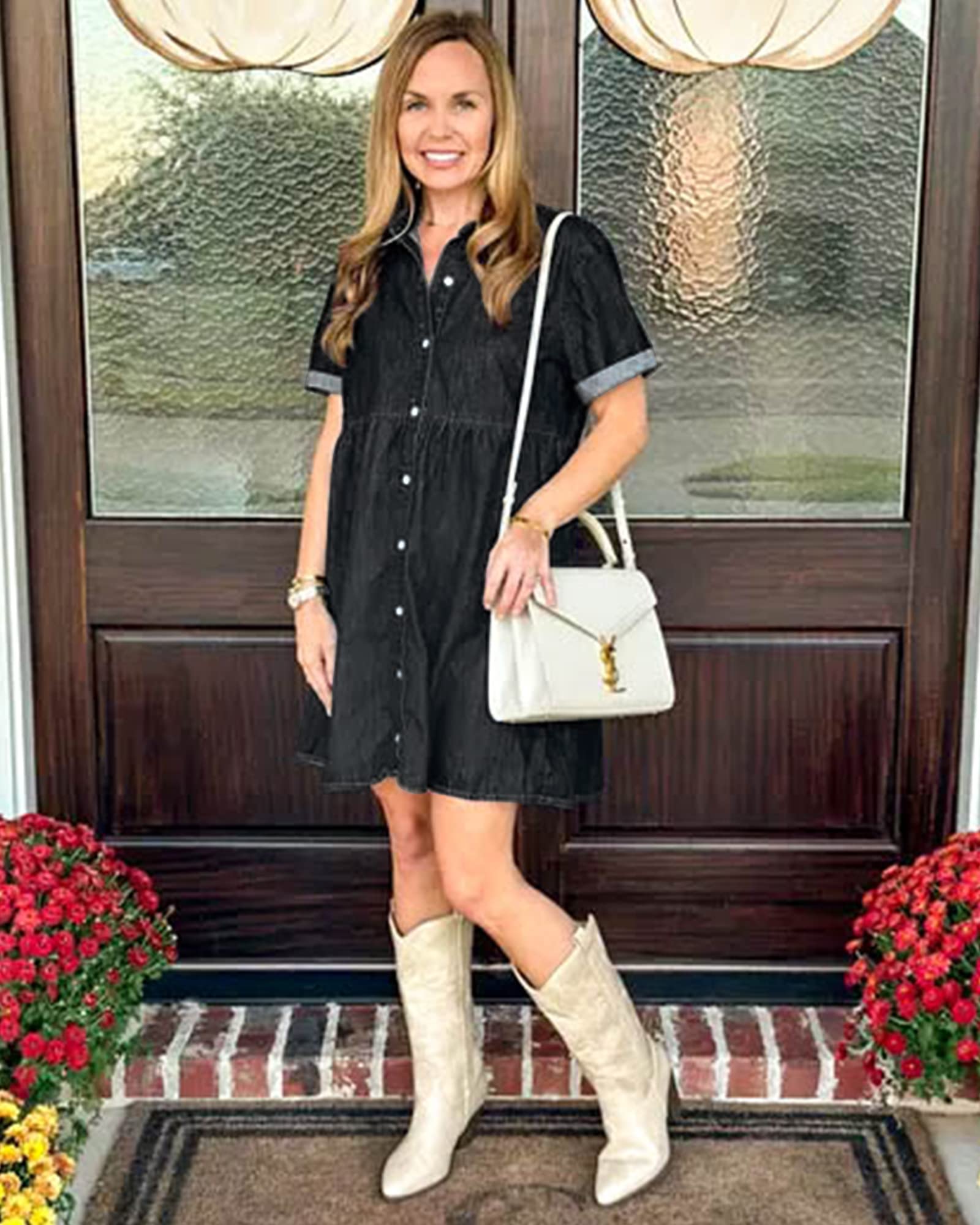 LookbookStore Women's Short Sleeve Button Down Flowy Tiered Babydoll Denim Dress