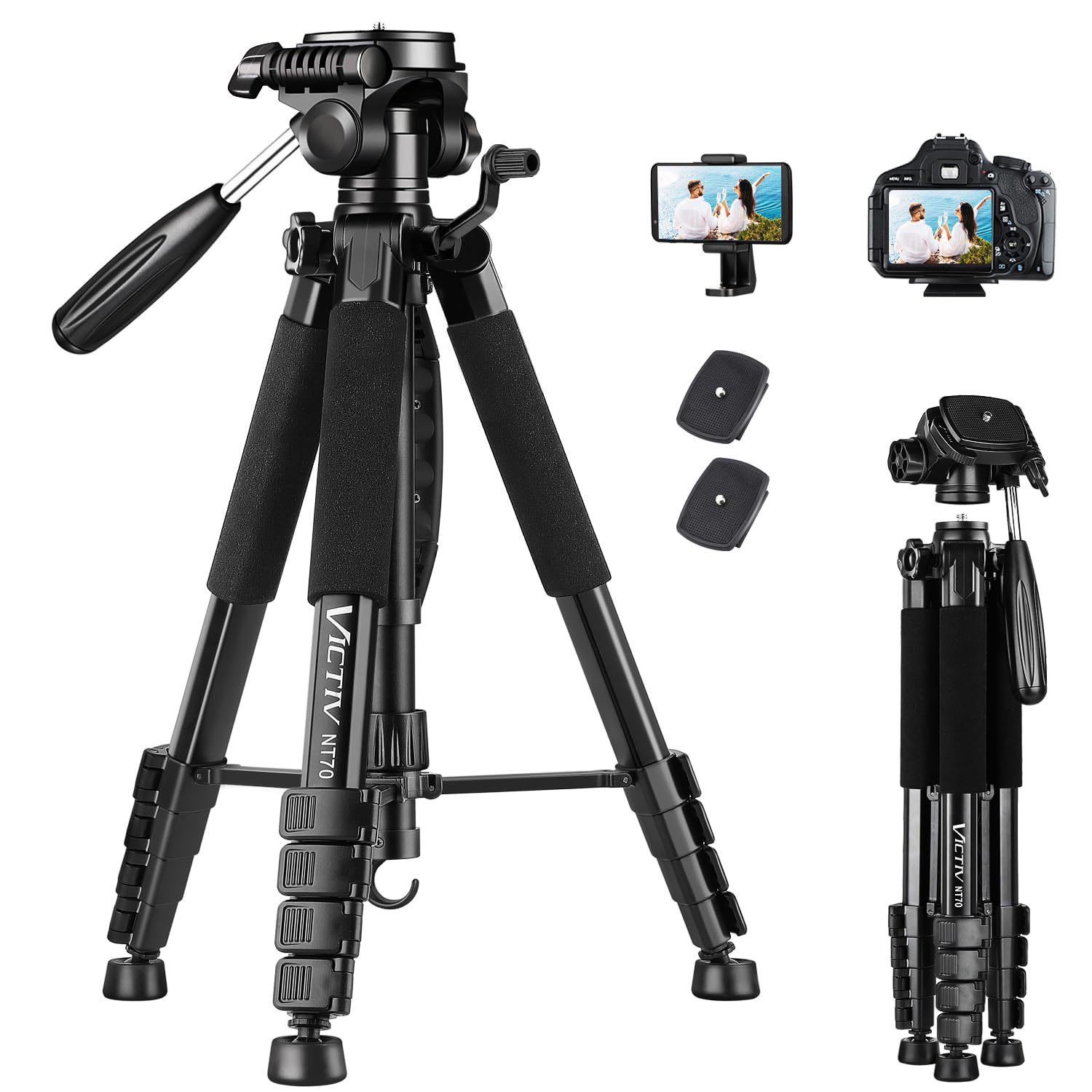 VICTIV 74” Camera Tripod, Tripod for Camera and Phone, Aluminum Professional Tripod Stand for Canon Nikon with Carry Bag and Phone Holder, Compatible with DSLR, iPhone, Spotting Scopes, Max Load 9.5Lb