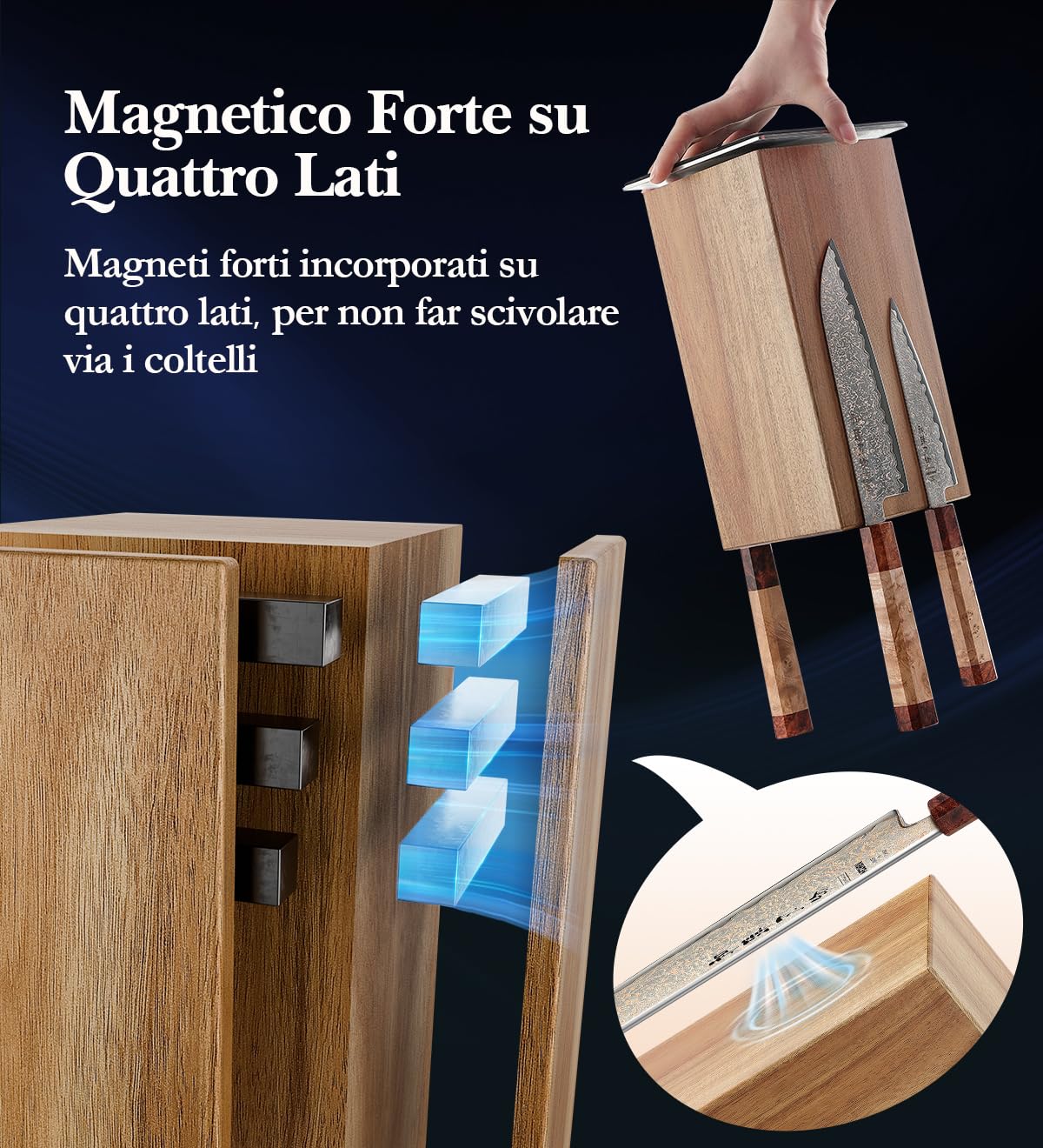 HEZHEN Ceppo Portacoltelli Magnetico Girevole 360° Legno d'Acacia - Blocco Rotazione - Supporto Magnetico a Quattro Lati per Coltelli da Cucina con Base Antiscivolo