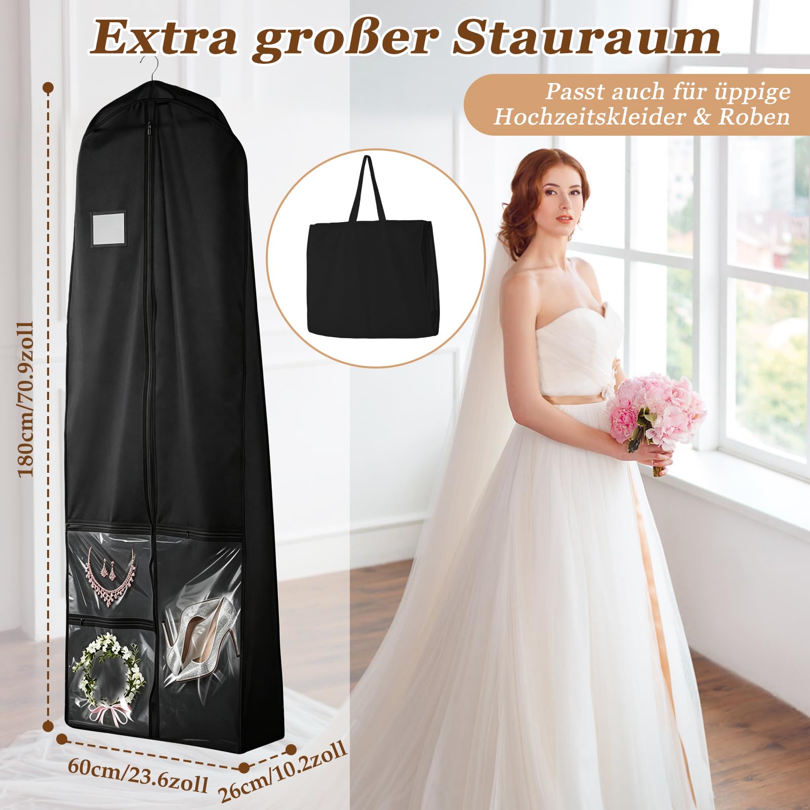 Paquete de 2 unidades de largo de 180 cm con cremallera, funda de tela de vellón plegable, bolsa de almacenamiento a prueba de polvo para vestidos de novia, vestidos de noche y abrigos (negro)