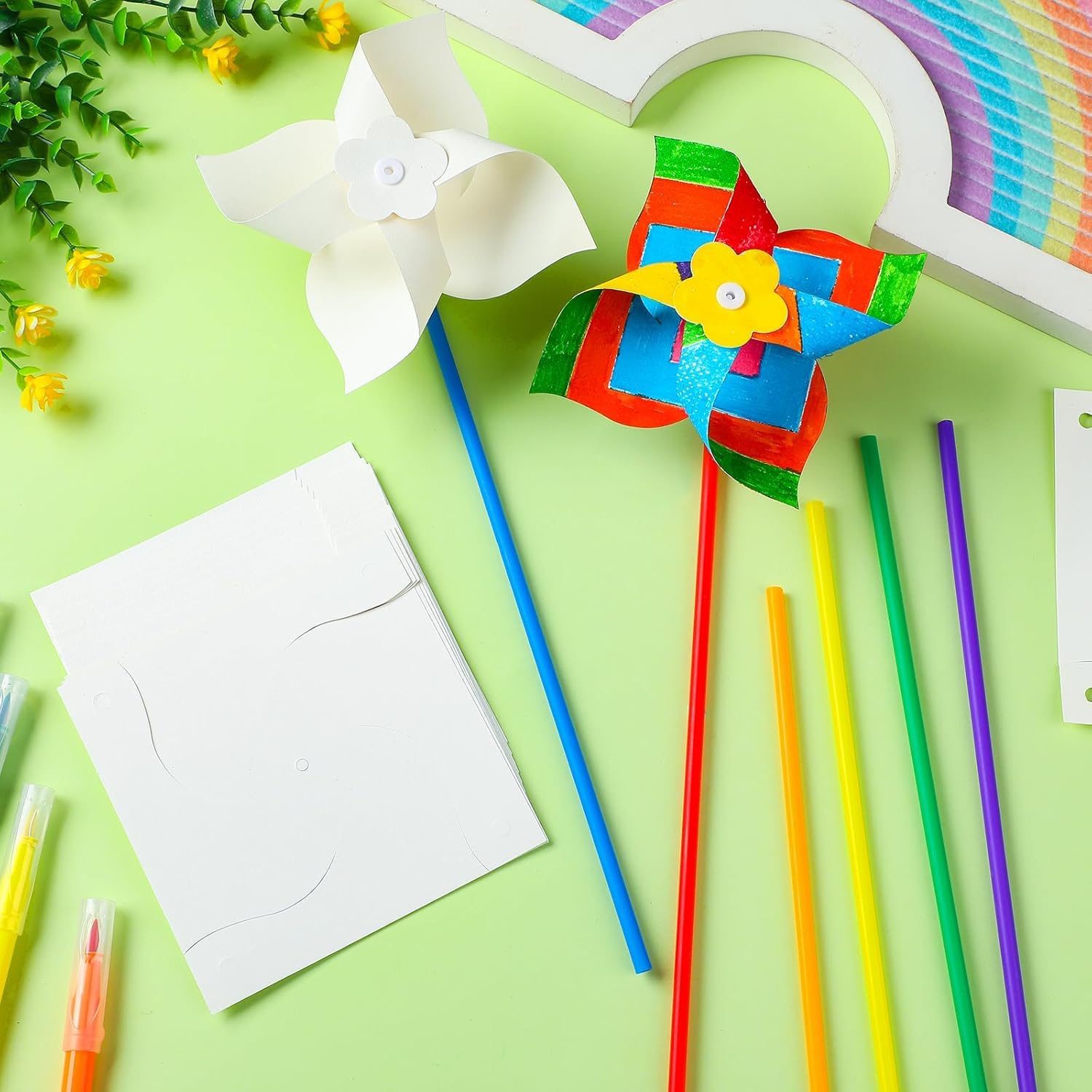 ZHRUOYAO 50 PCS Novelty DIY Pinwheels Craft,Color Your Own White Pinwheels, Bulk Summer Spring Easter Craft Kit - Image 3