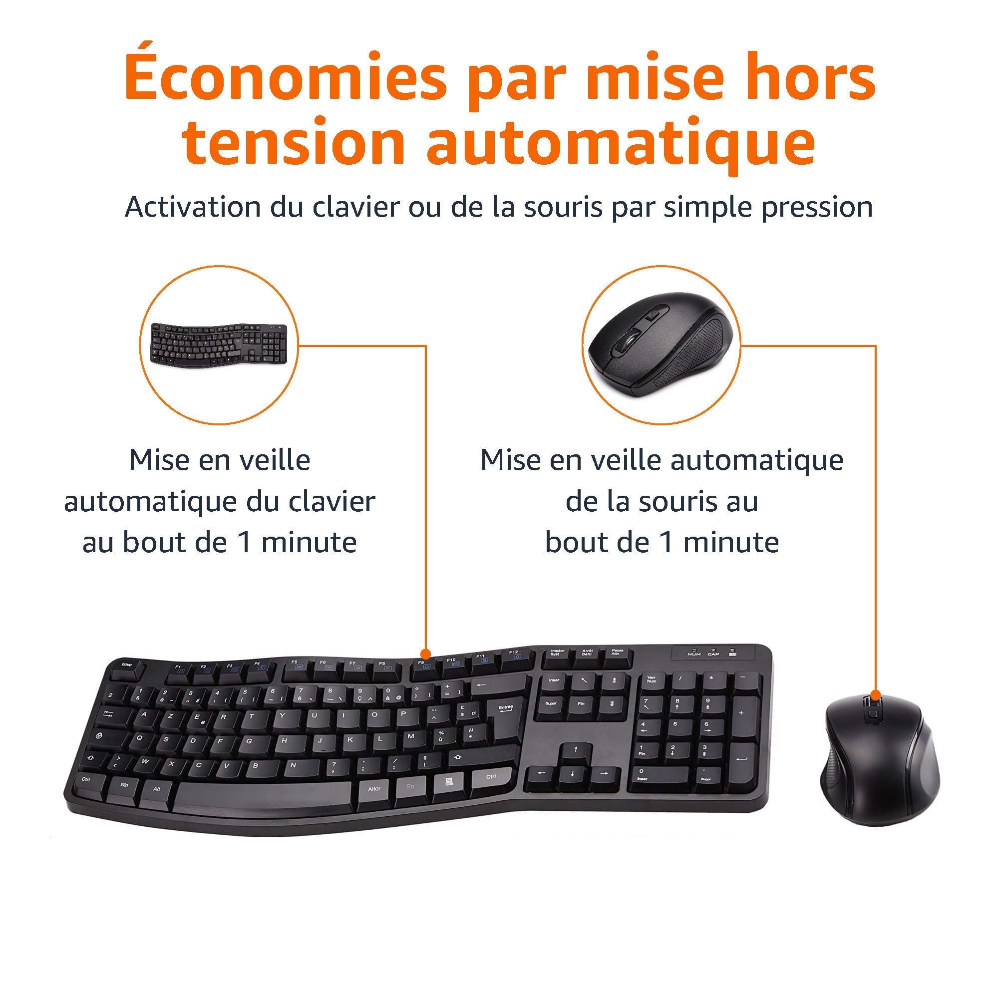 Amazon Basics Ensemble Clavier et Souris Ergonomique sans Fil - Disposition FR - Noir