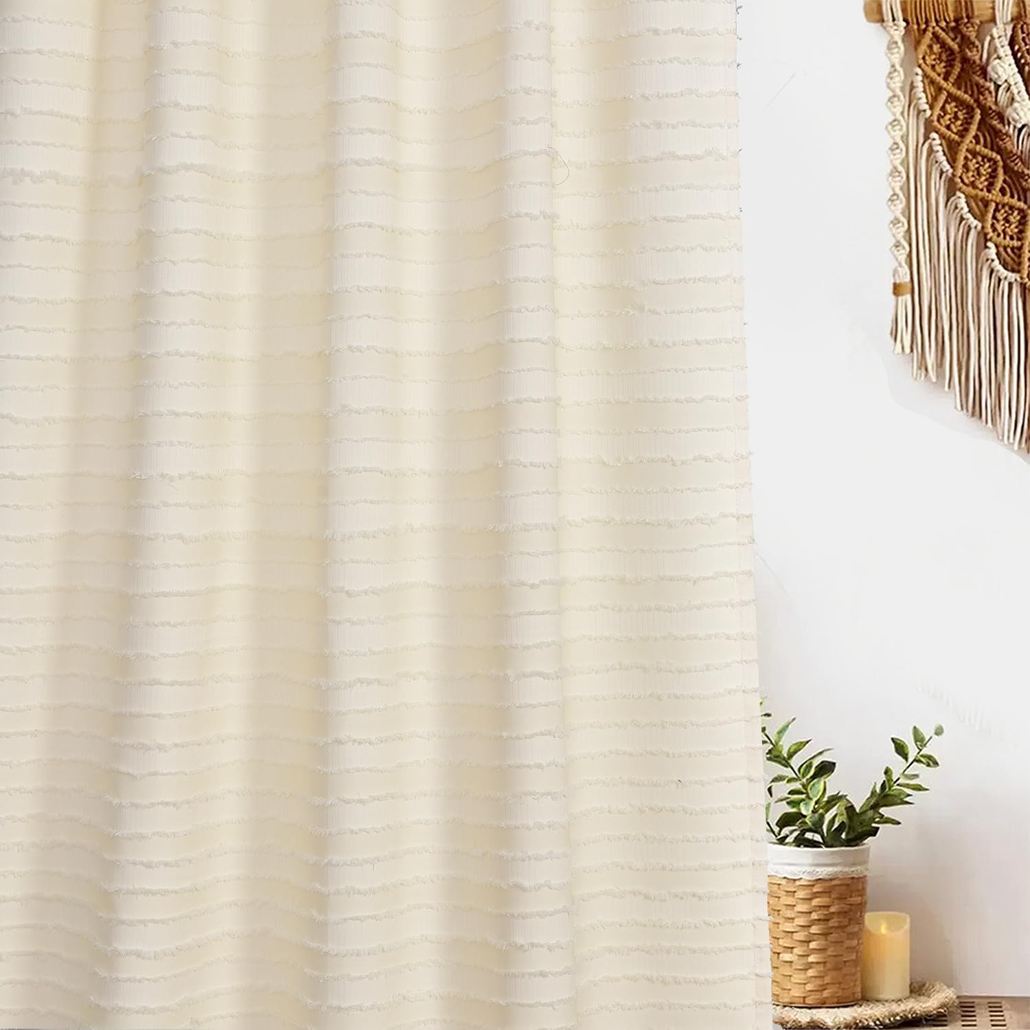 Roslynwood Home Boho Chic Cream Window Curtains Rod Pocket Bohemian Sheer Curtains 96 Inches Long- Light-Filtering Voile Panel for Living Room, 2 Panels