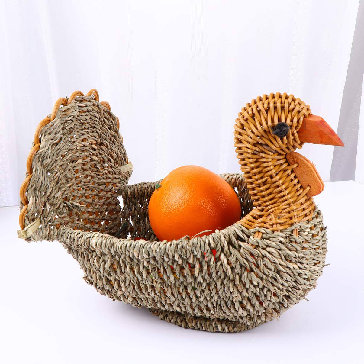 VICASKY Rattan Woven Fruit Basket Straw Turkey Shape Bread Serving Basket Wicker Decorative Bowl Food Serving Basket Sundries Container for Home Kitchen Light Grey