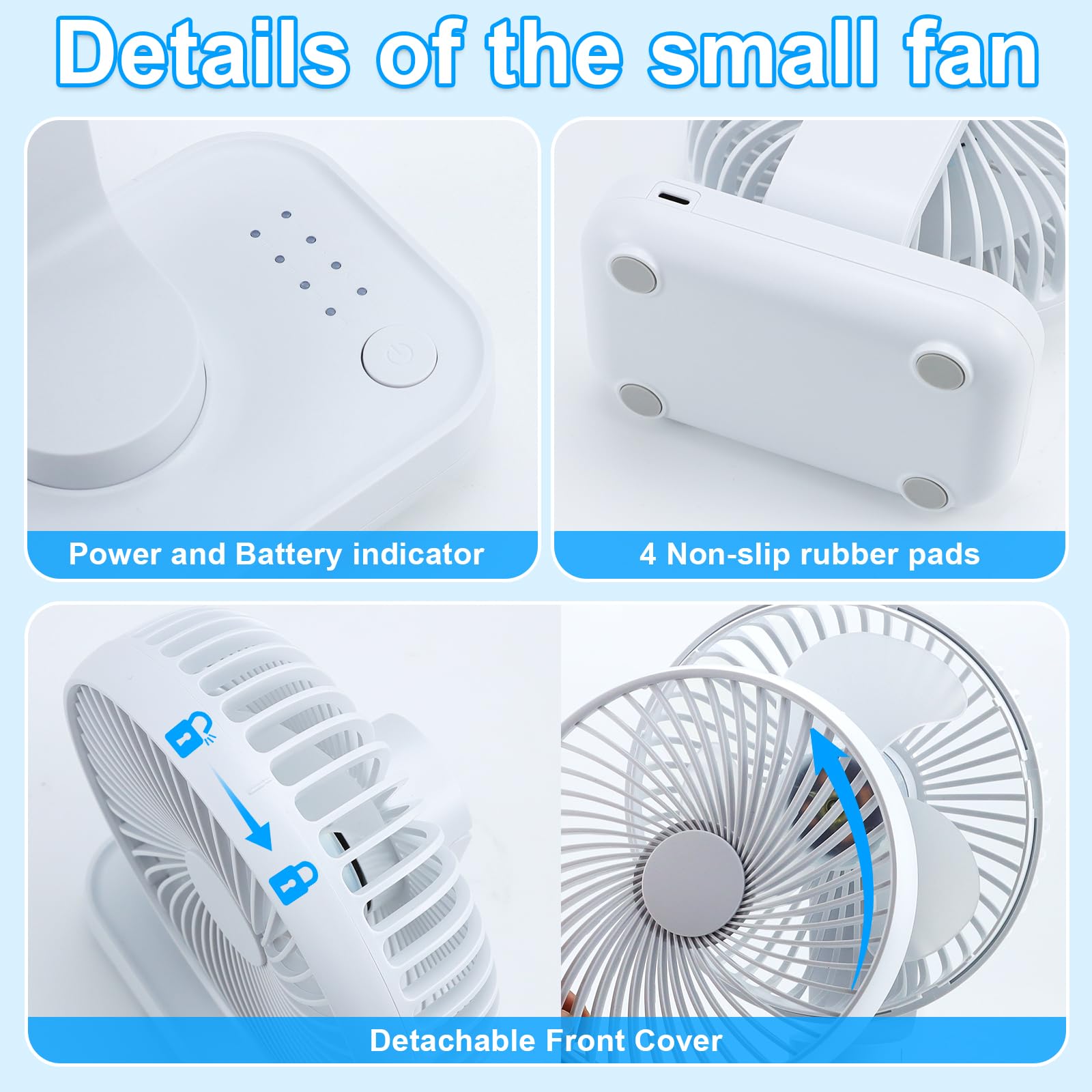 Qingning Cichy wentylator biurkowy USB, przenośny mini wentylator stołowy z 4 prędkościami, mały wentylator o mocy 5 cali, 4000 mAh, do domu, sypialni, biura, na zewnątrz (biały)