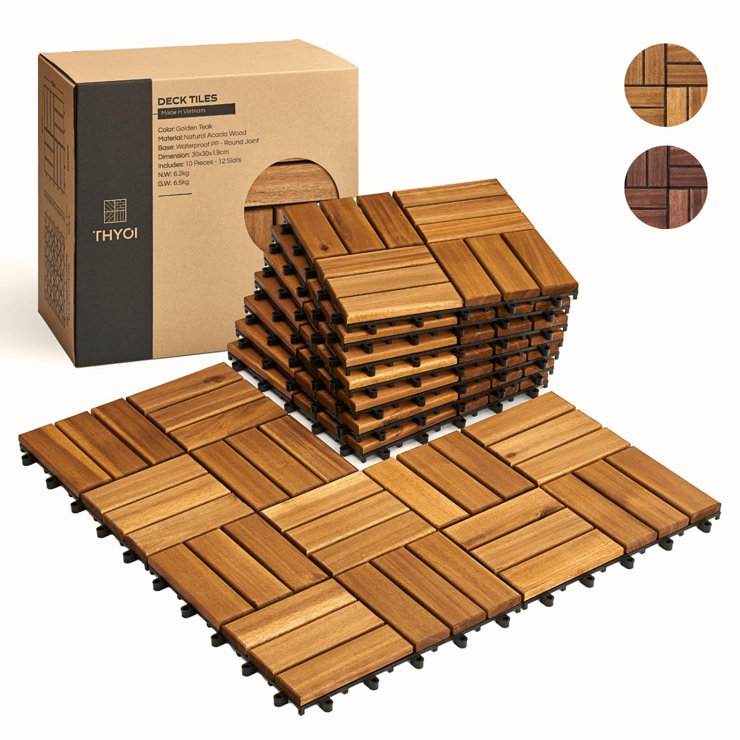 9 Pcs Interlocking Deck Tiles 12in x 12in, Patio Flooring Outdoor Waterproof, Acacia Wood Tiles All Weather, Floor Tiles for Balcony, Backyard, Indoor and Outdoor use (Golden Teak)