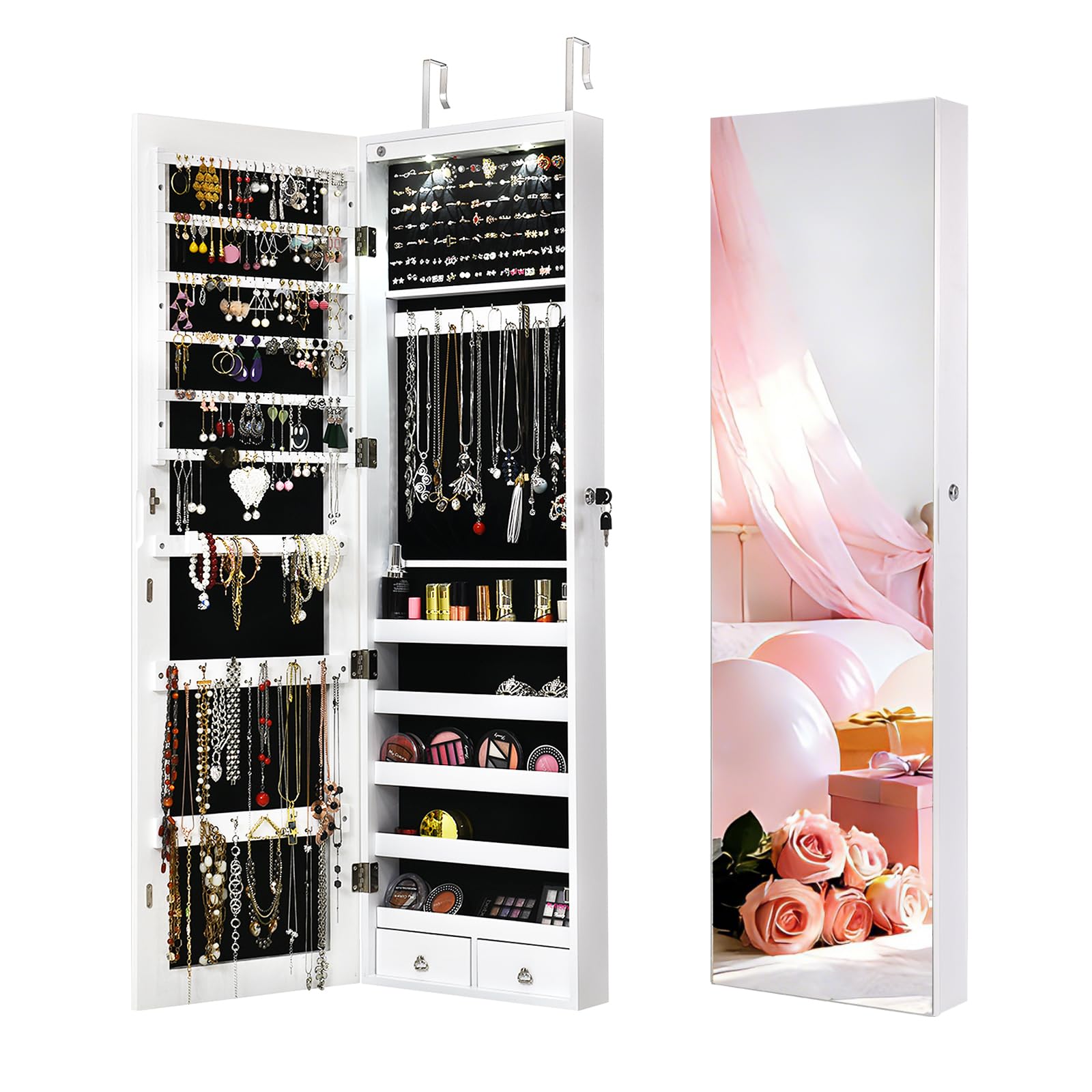 NAFORT 2 LEDs Mirror Jewelry Armoire, 47.5" H Door or Wall Mounted Jewelry Cabinet with Frameless Mirror, Lockable Jewelry Storage Box, Hanging Jewelry Organizer with 2 Drawers, White