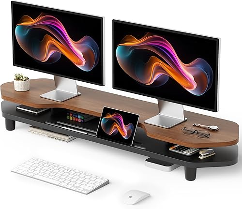 Miniatura 8 de Soporte elevador para monitor doble, soporte de monitor grande de 39.4 pulgadas con estante de almacenamiento, organizador de escritorio de 2
