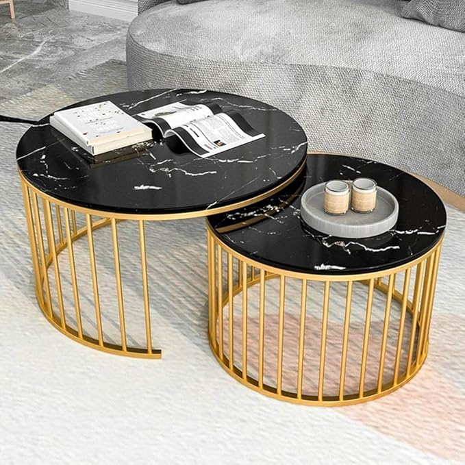 Rakhi Arts Premium Round Set of Coffee Tables Set 2 Piece Nesting Stackable Center Tables or Tea Table Set with Metal Frame for Living Room Bedroom Home Decor (Gold Black) at Rs. 3299