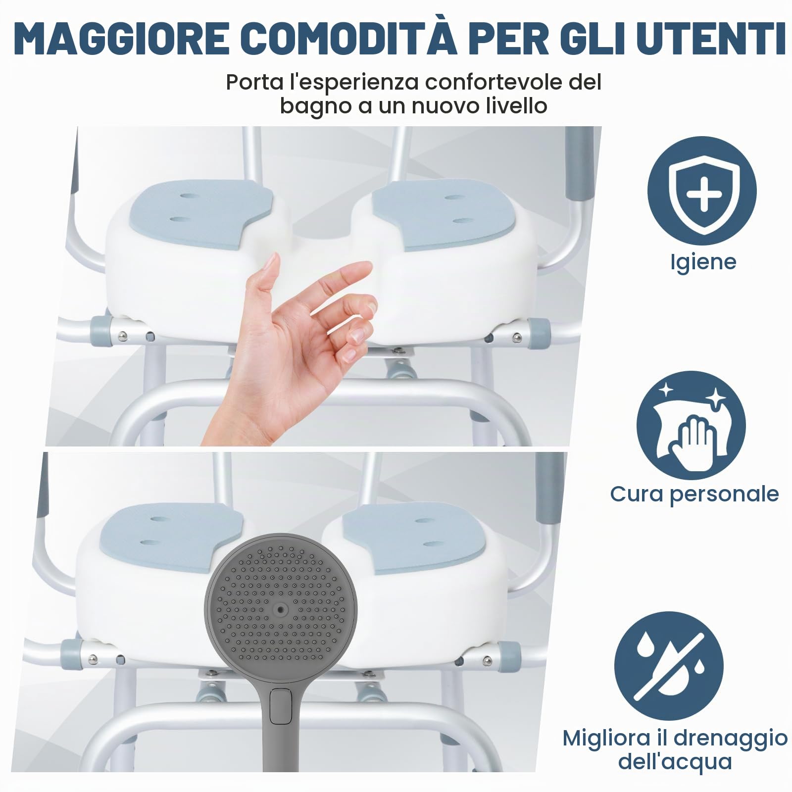 Sgabello Doccia Anziani Sedia da Doccia Girevole a 360° Altezza Regolabile Seggiolino per Doccia Anziani con Braccio Schienale