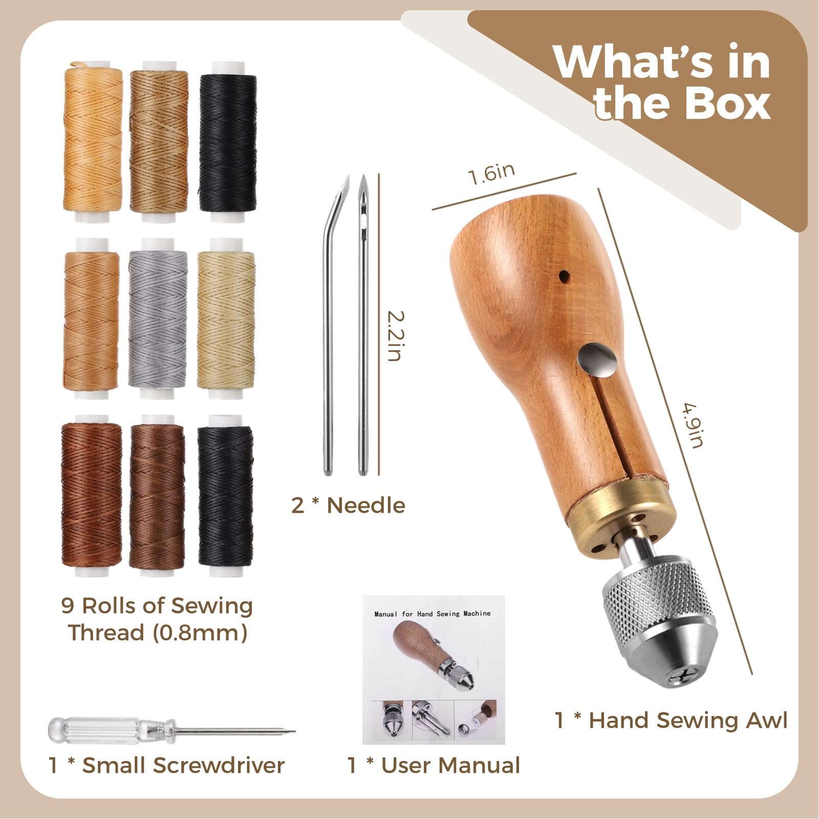 Kit De Couture En Cuir – Alêne, Fils Et Poignée En Bois – Pour Réparer Et Créer Des Objets En Cuir