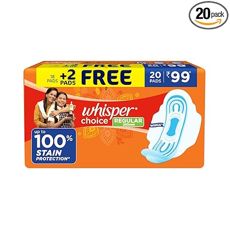 Whisper Choice Sanitary Regular Pads for Women, Regular, Pack of 20 Napkins