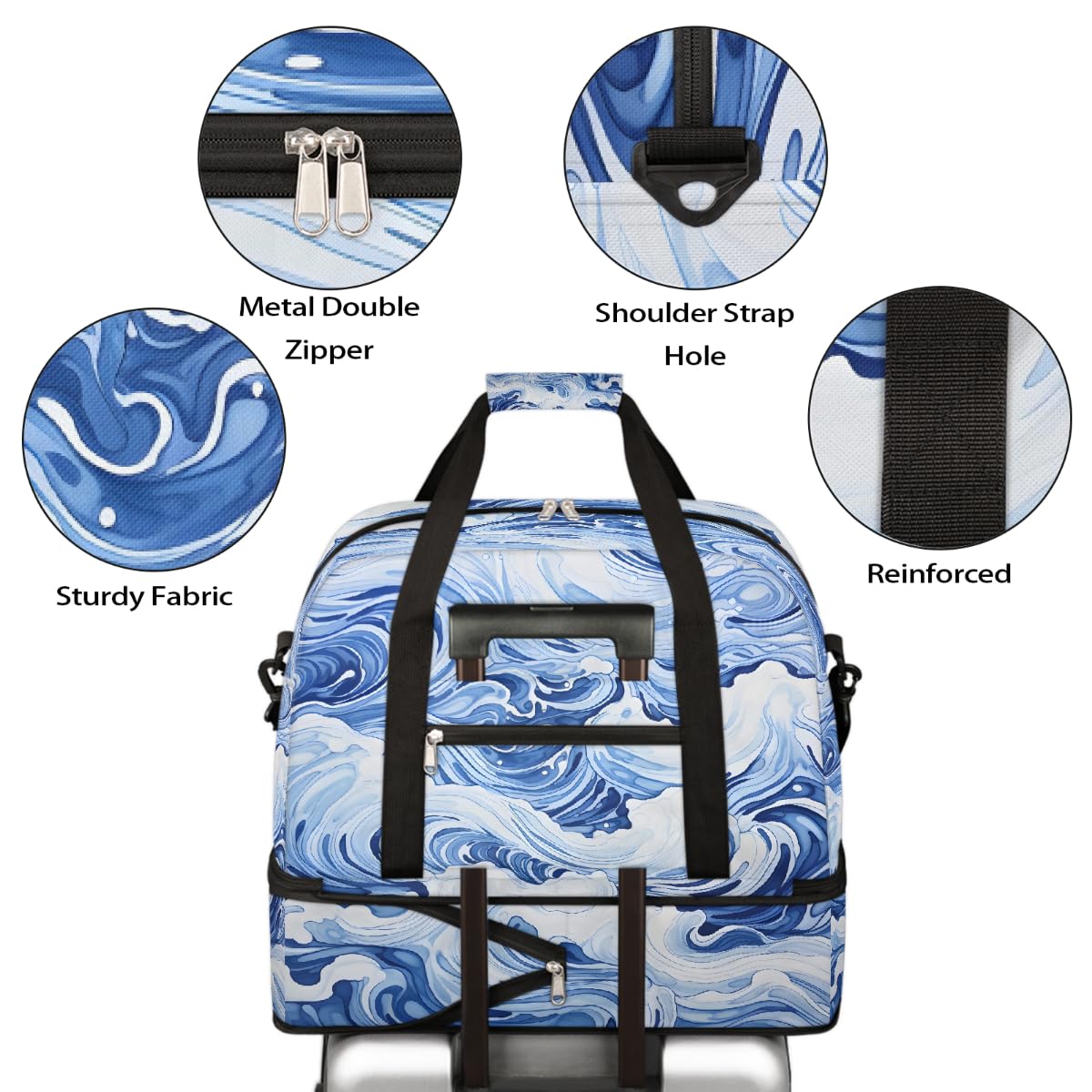 Borsone da viaggio pieghevole con motivo astratto a onde oceaniche, borsa da palestra espandibile con scomparto per scarpe, borsa da weekend di grande capacità, borsa da viaggio per sport, viaggi