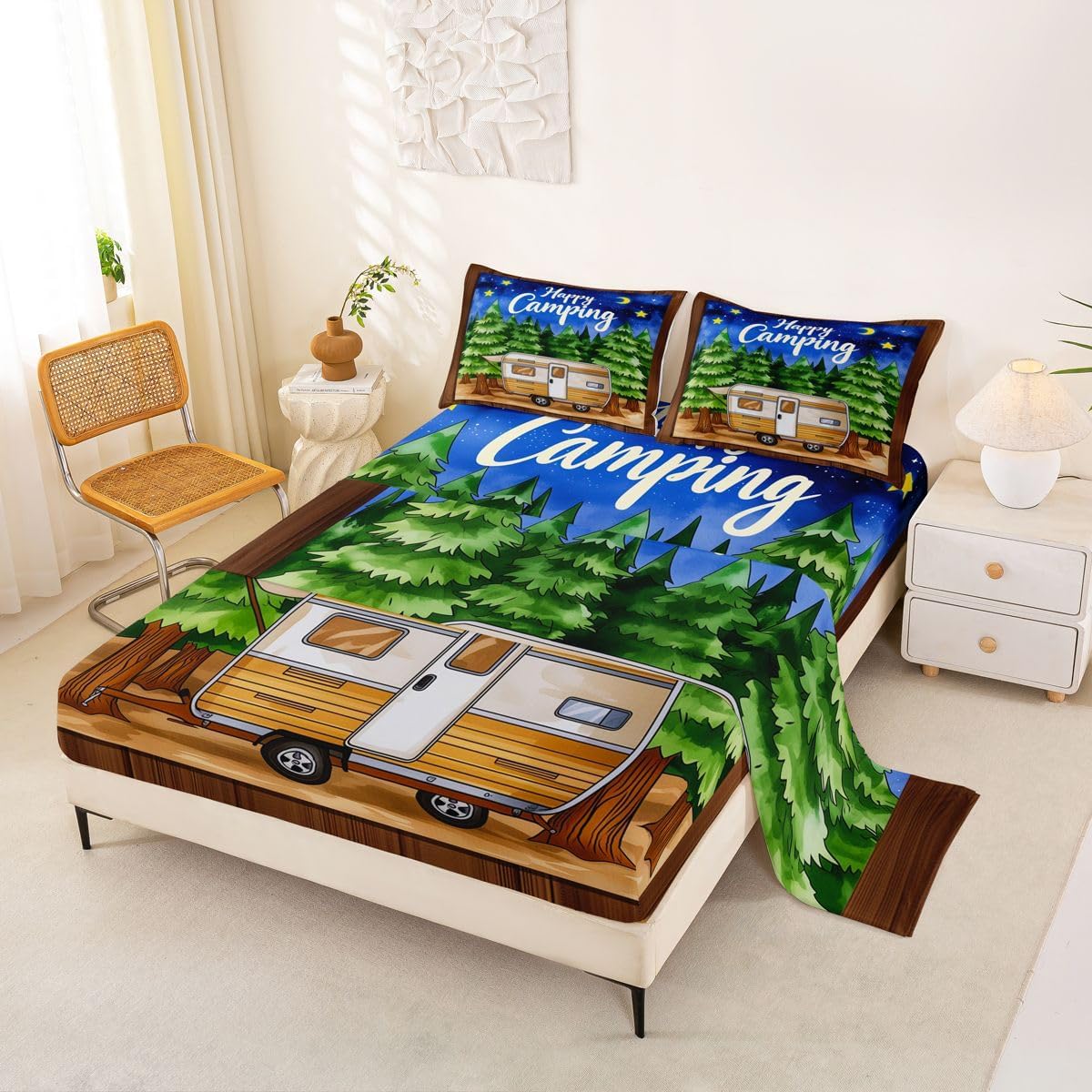 Erosebridal Kids Camper Bed Sheets King Happy Camping Sheet Set Rustic Camp Travel Car Bedding Set for Kids Boys Girls,Camping Adventure Forest Fitted Flat Sheets 4 Piece