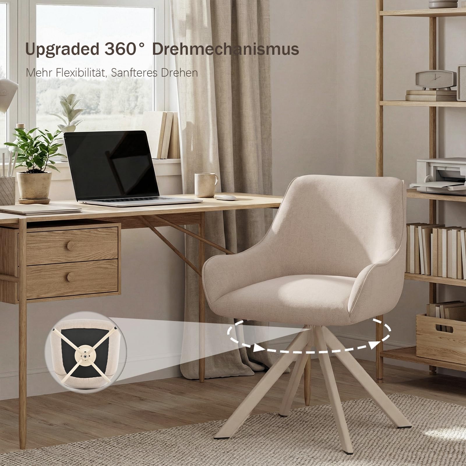Lot de 6 chaises de salle à manger pivotantes 360° en lin beige avec accoudoirs et structure métal