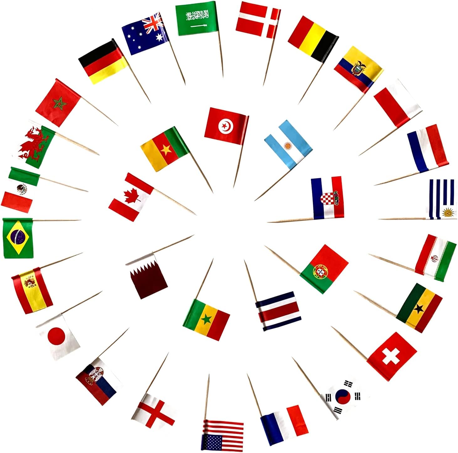 Kronly World Cup flag cocktail sticks, with all the flags from all 32 countries in the 2018 World Cup (pack of 128).