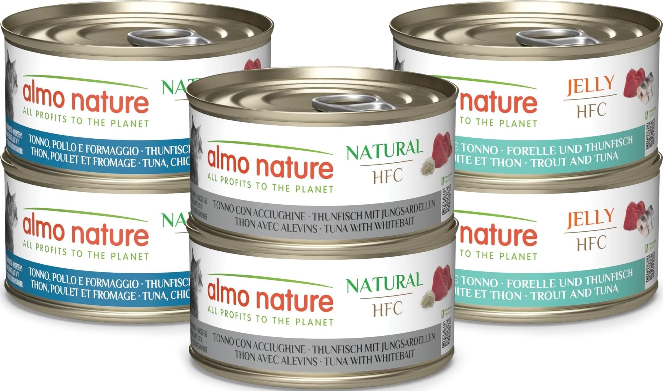 Almo Nature HFC Natural - Wet Cat Food - Assorted Tuna Recipes - Human Grade, Gluten Free - 70g, Pack of 6